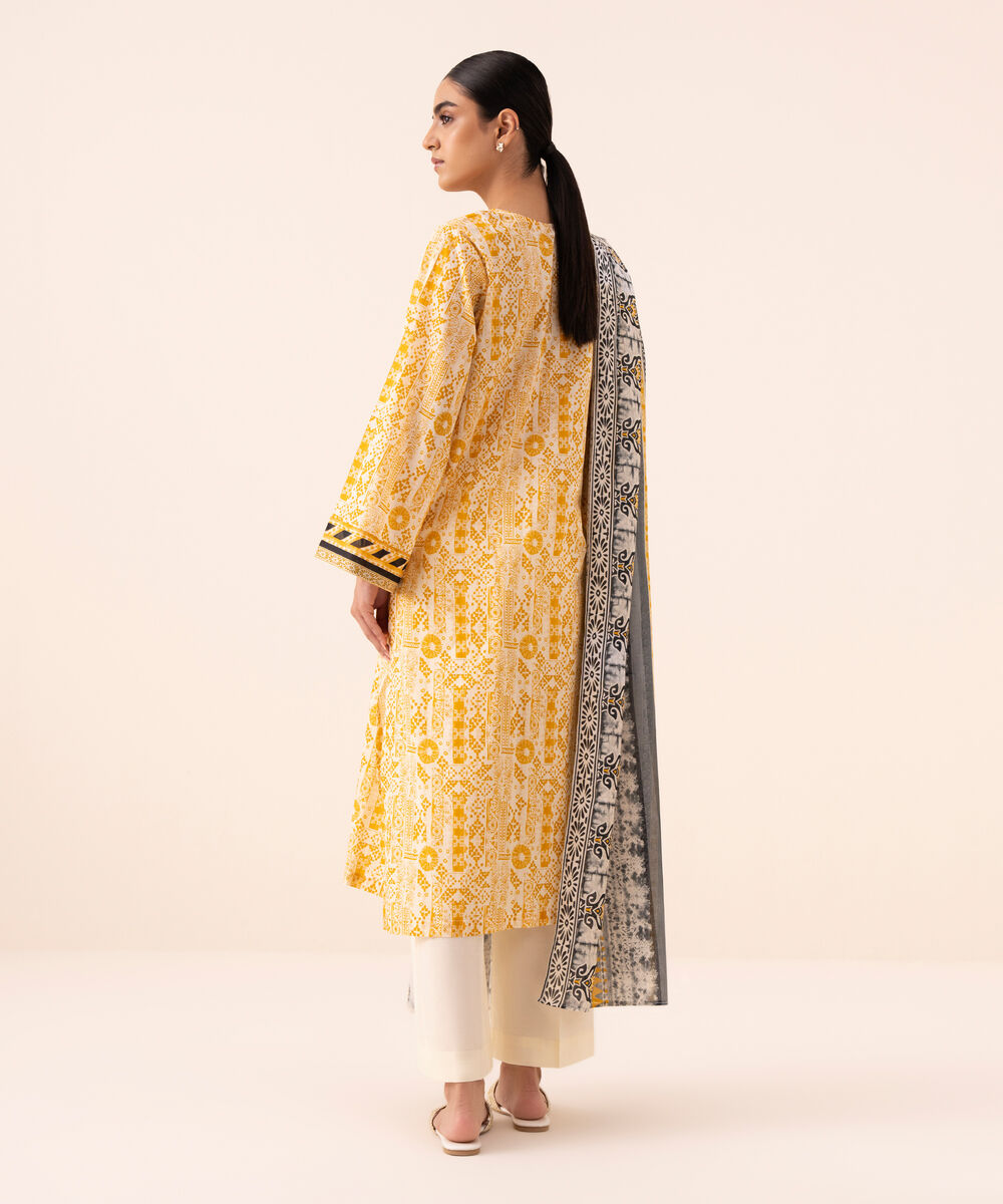 Women's Unstitched Cotton Printed Mustard Three Piece Suit