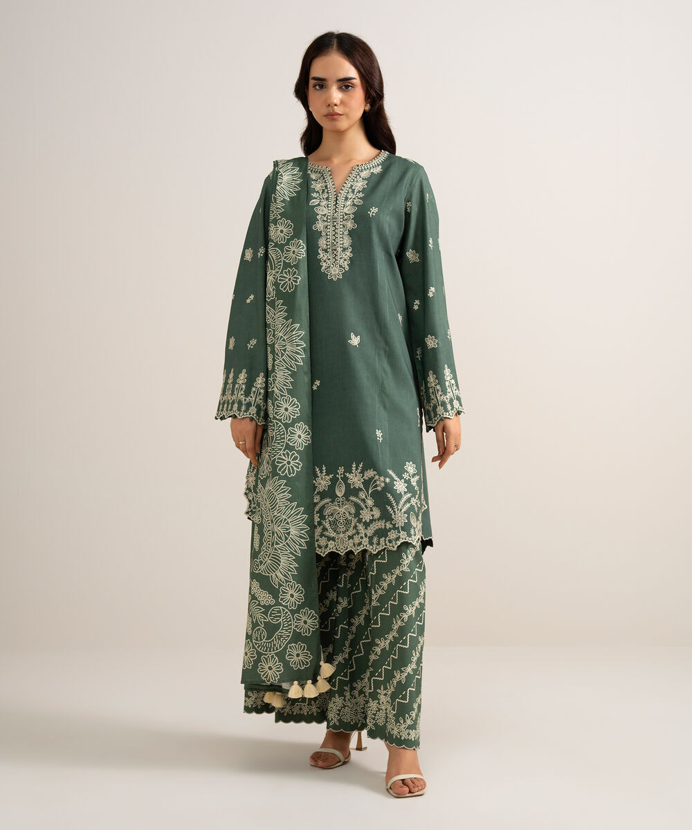 Women's Unstitched Embroidered Linen Green 3 Piece Suit