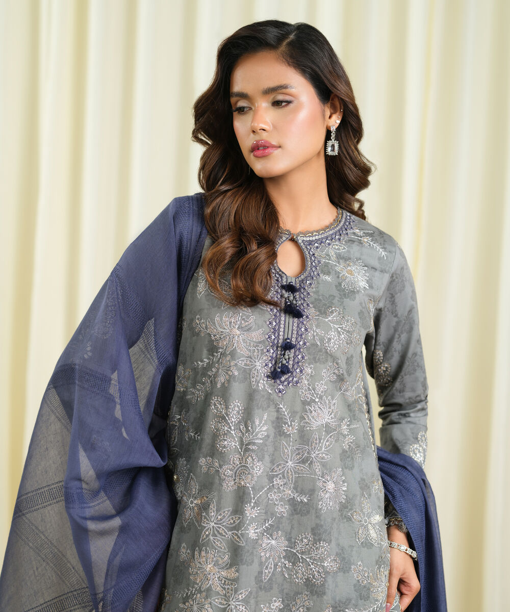 Women's Unstitched Cotton Jacquard Embroidered Grey 3 Piece Suit