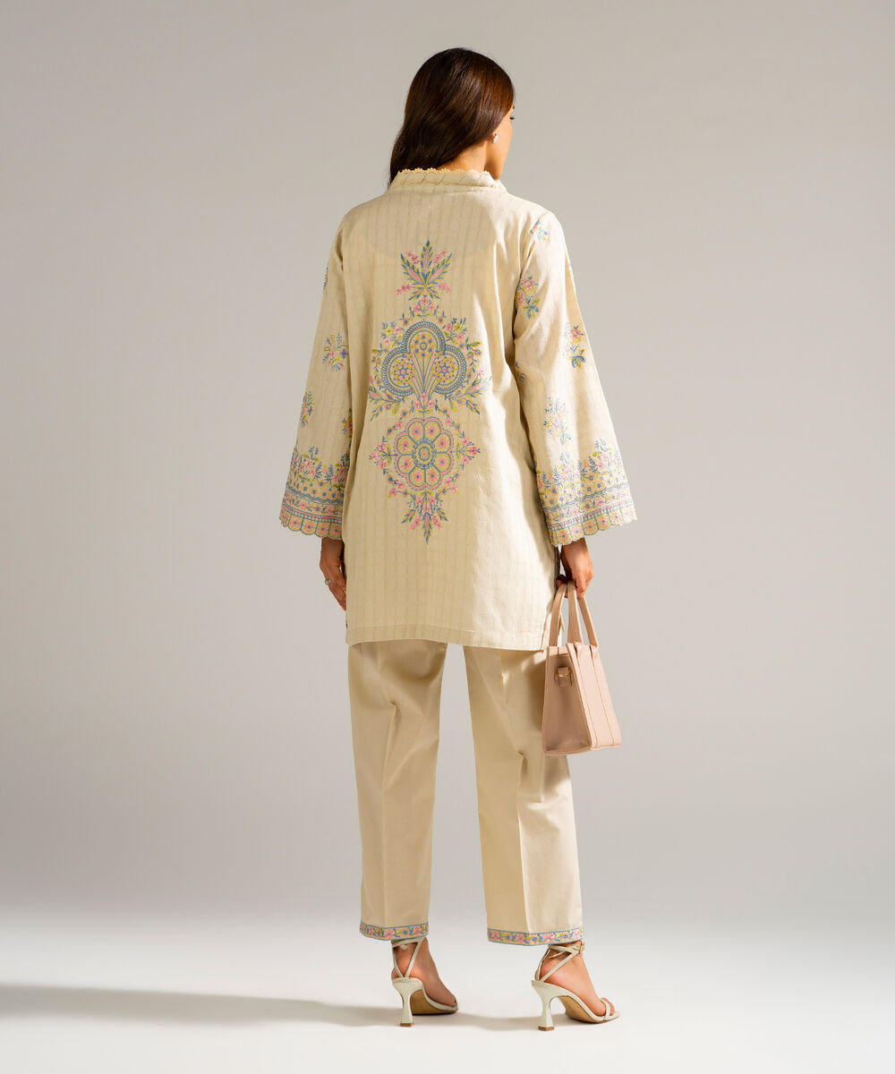 Women's RTW Dobby Embroidered Beige Straight Shirt