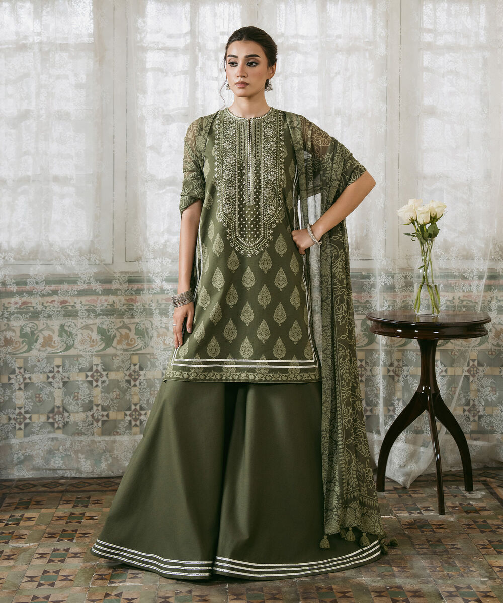 Women's Unstitched Cotton Embroidered Green