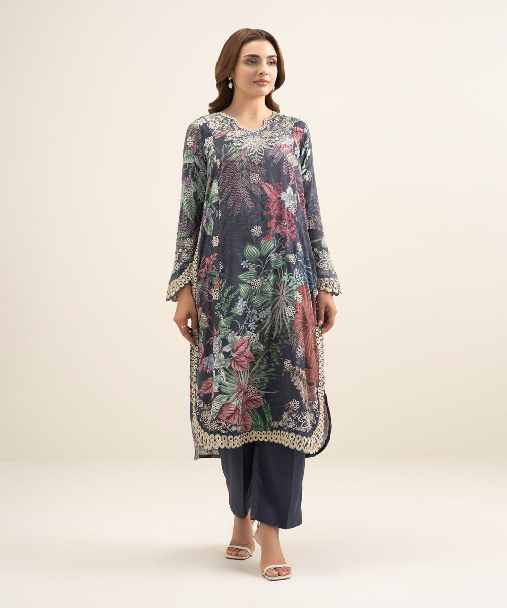 Women's RTW Viscose Raw Silk Embroidered Blue 2 Piece Suit