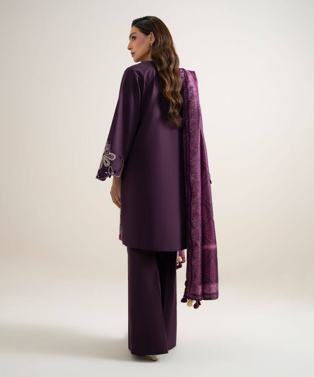 Women's Unstitched Textured Lawn Embroidered Deep Purple 3 Piece Suit