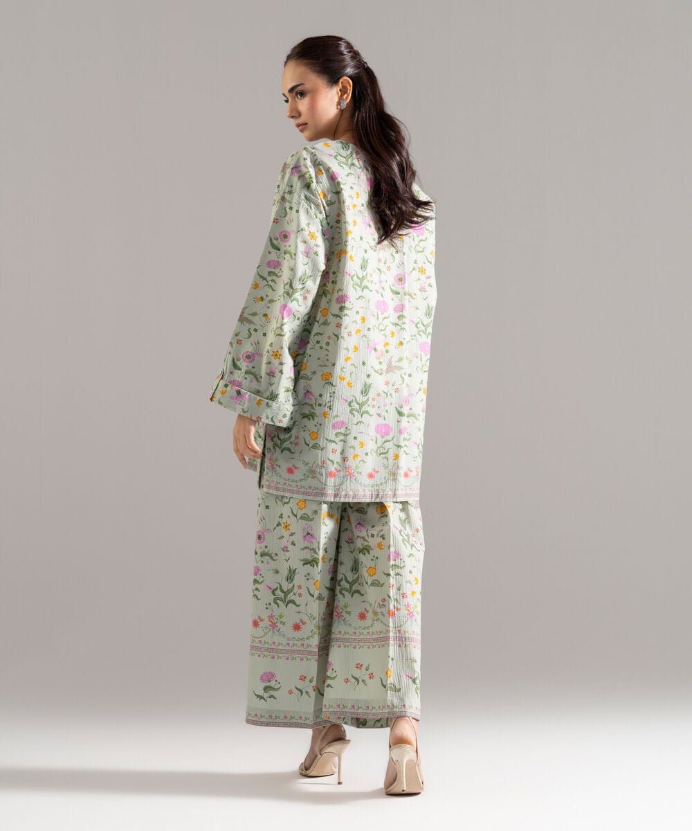 Women's RTW Seersucker Printed Green 2 Piece Suit