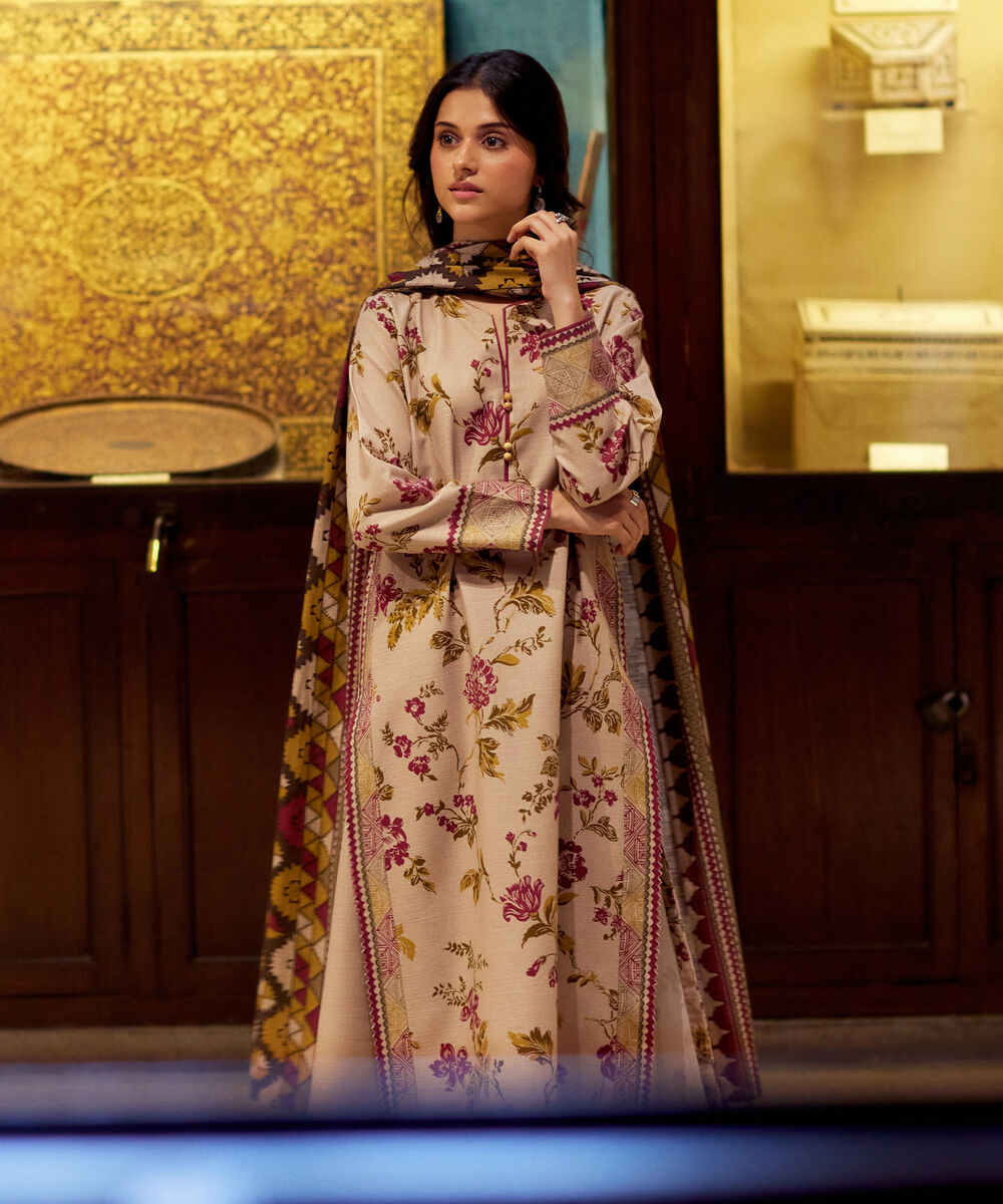 Women's Unstitched Lawn Printed Beige 3 Piece Suit