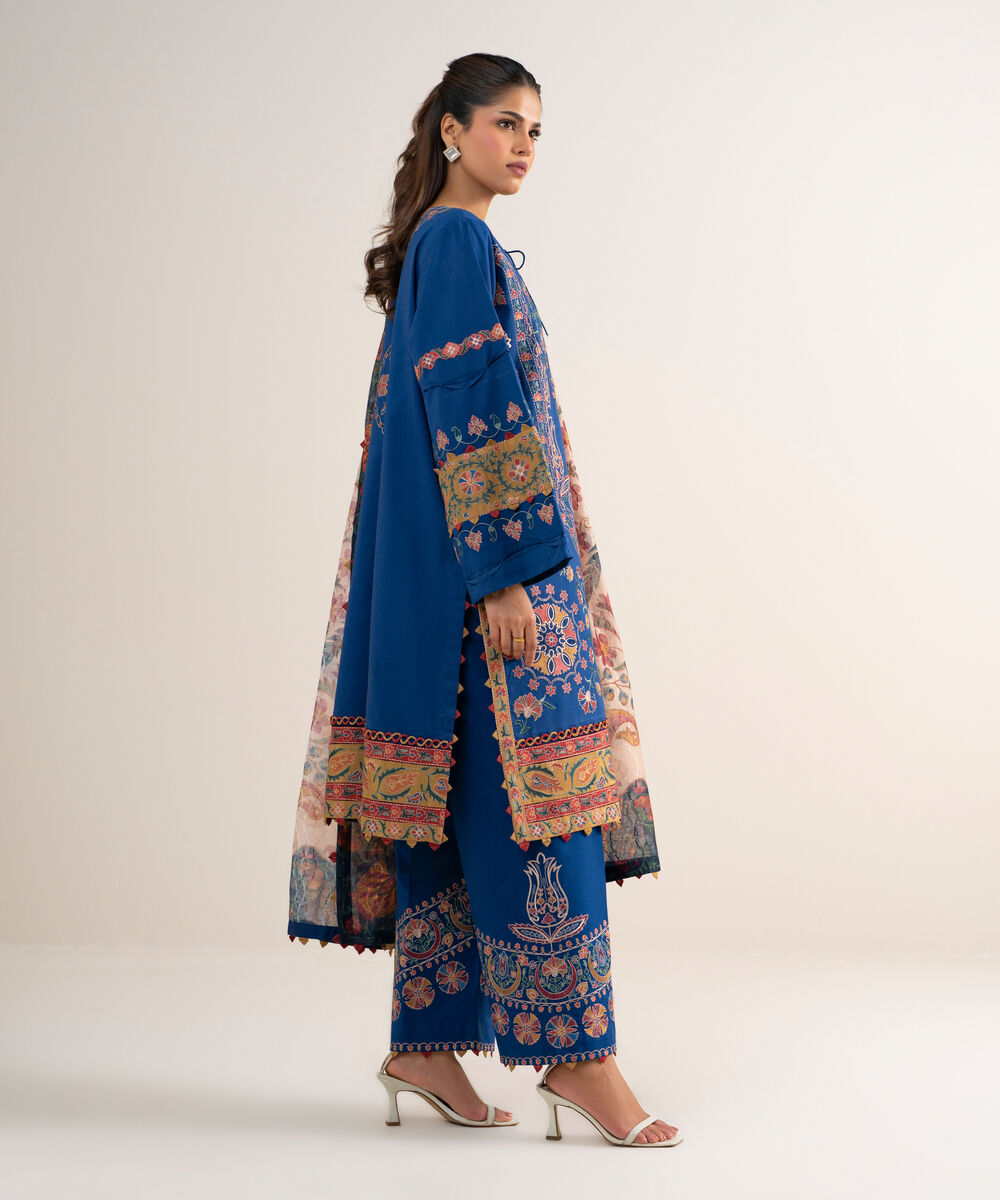 Women's Unstitched Textured Lawn Embroidered Blue  3 Piece Suit