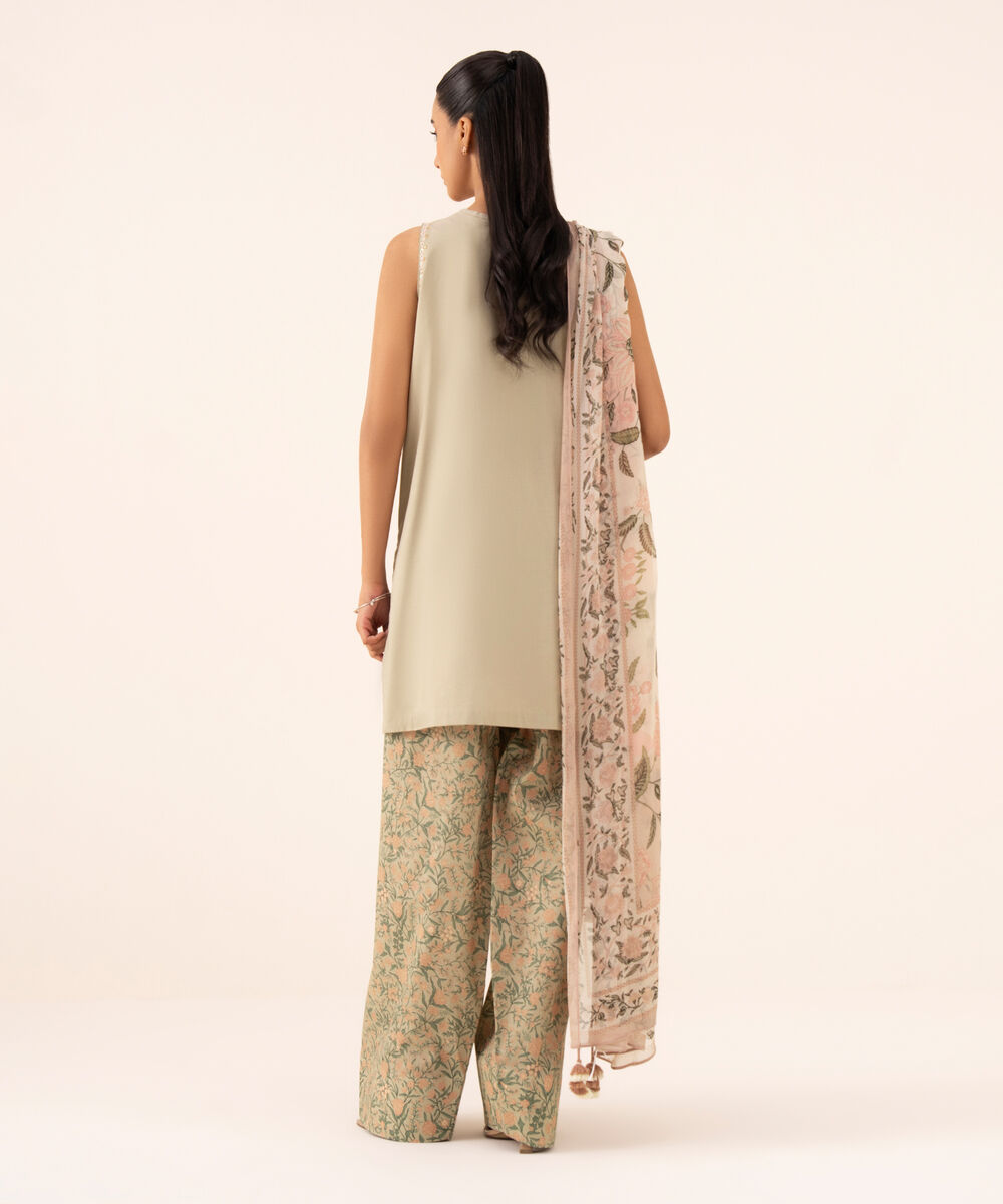 Women's Unstitched Cotton Viscose Embroidered Beige 3 Piece Suit