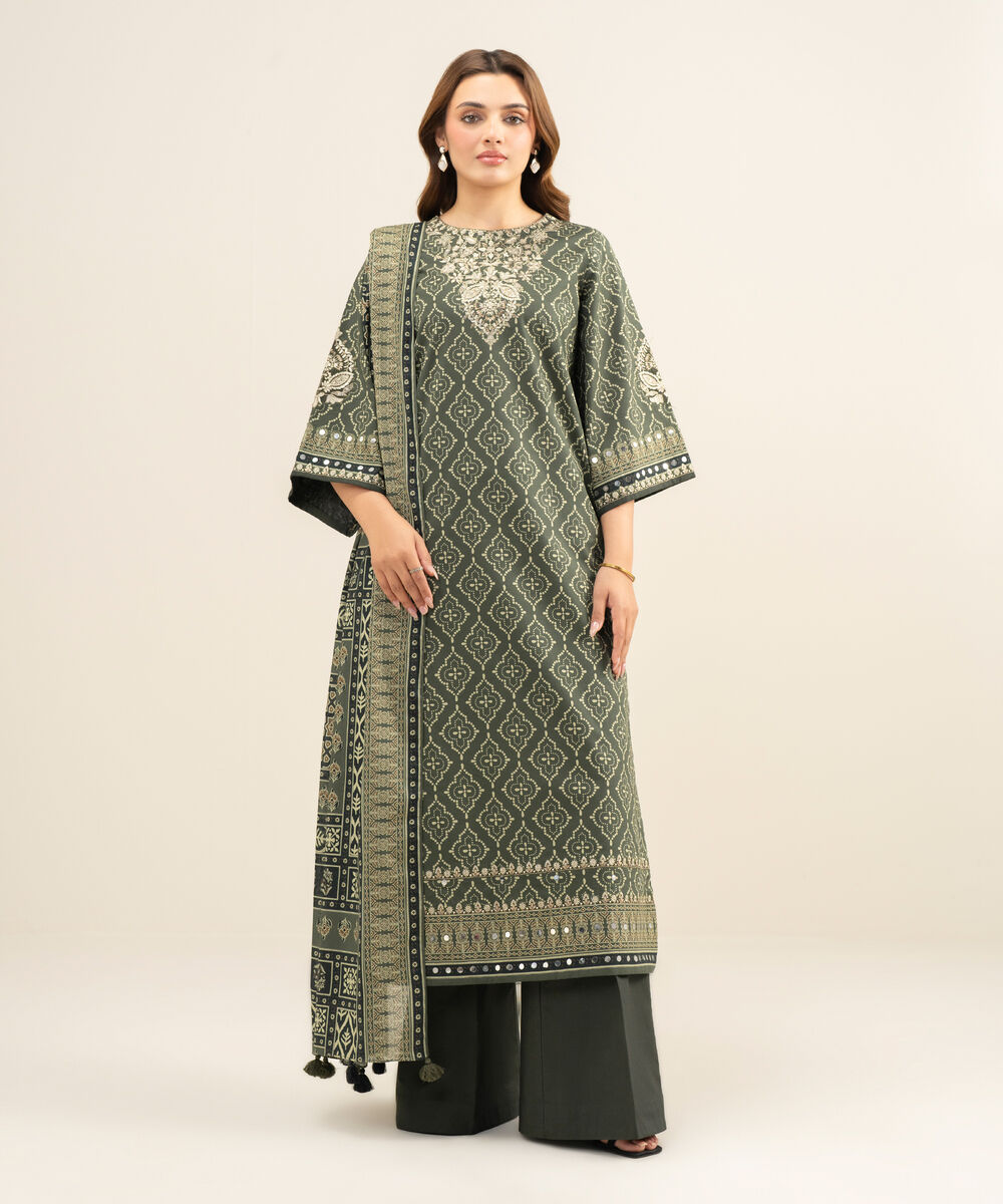 Women's Unstitched Lawn Embroidered Green 3 Piece Suit