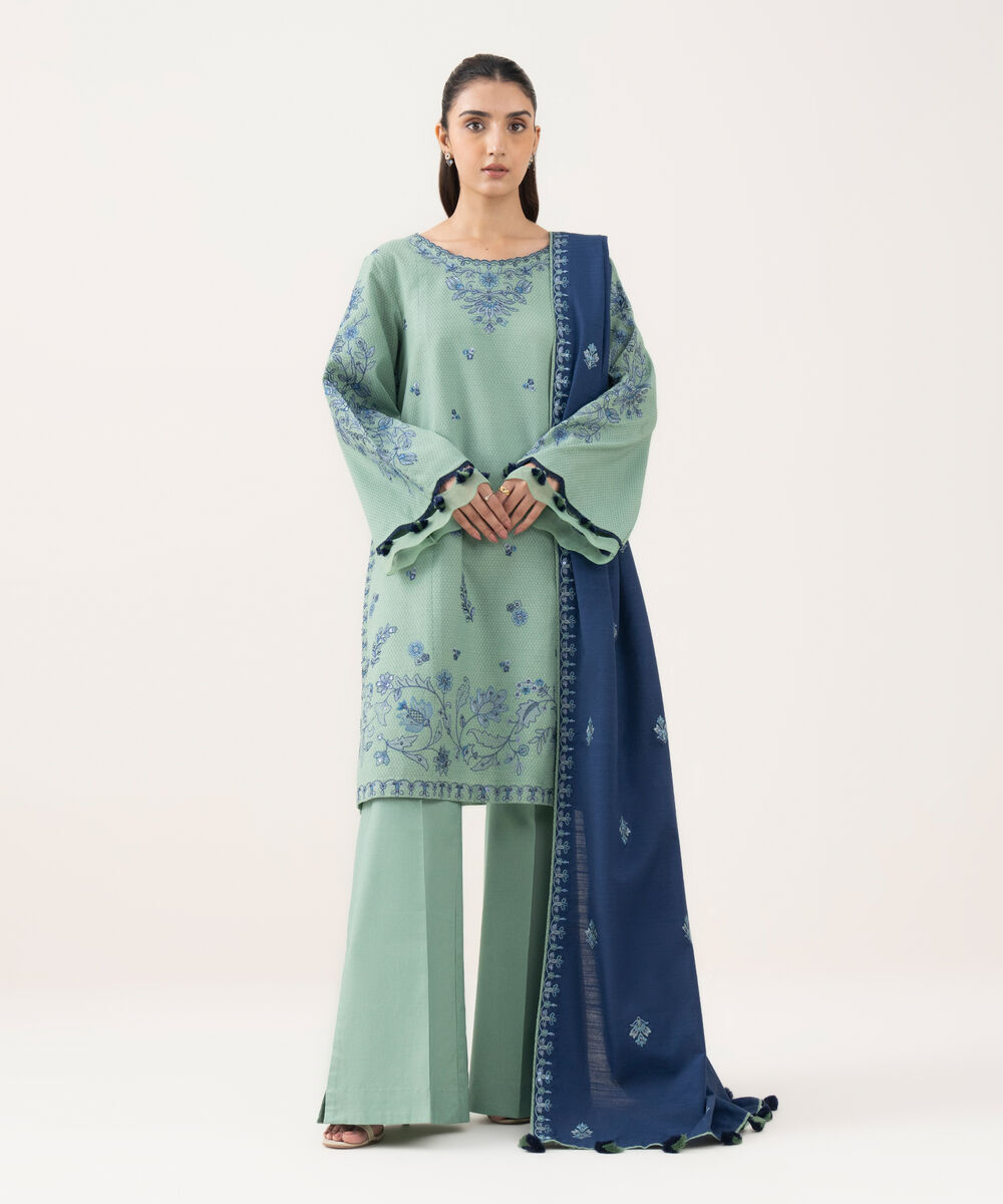 Women's Unstitched Dobby Embroidered Green 3 Piece Suit