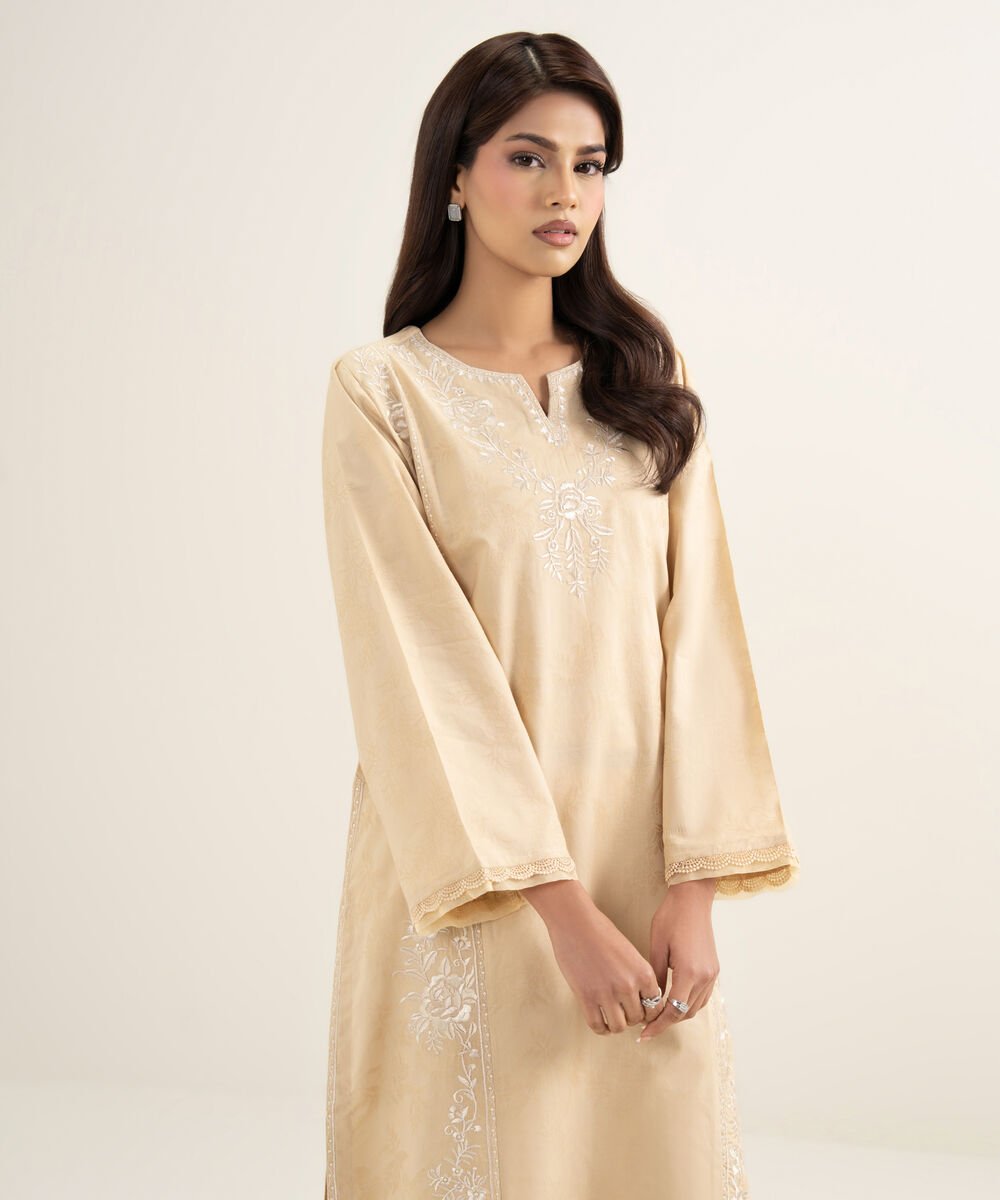 Women's RTW Self Jacquard Embroidered Beige A-Line Shirt