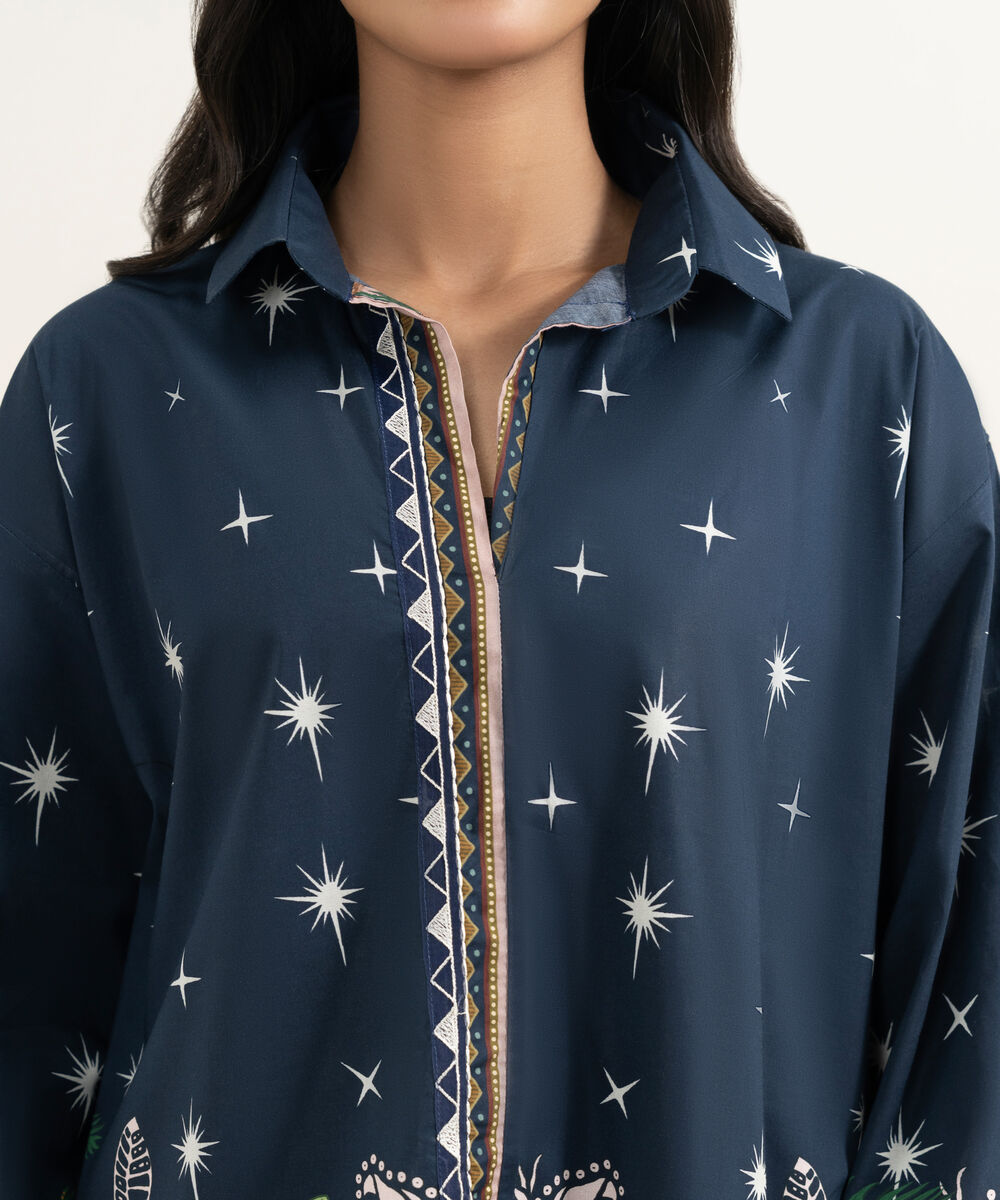 Women's RTW Cambric Embroidered Blue Boxy Shirt