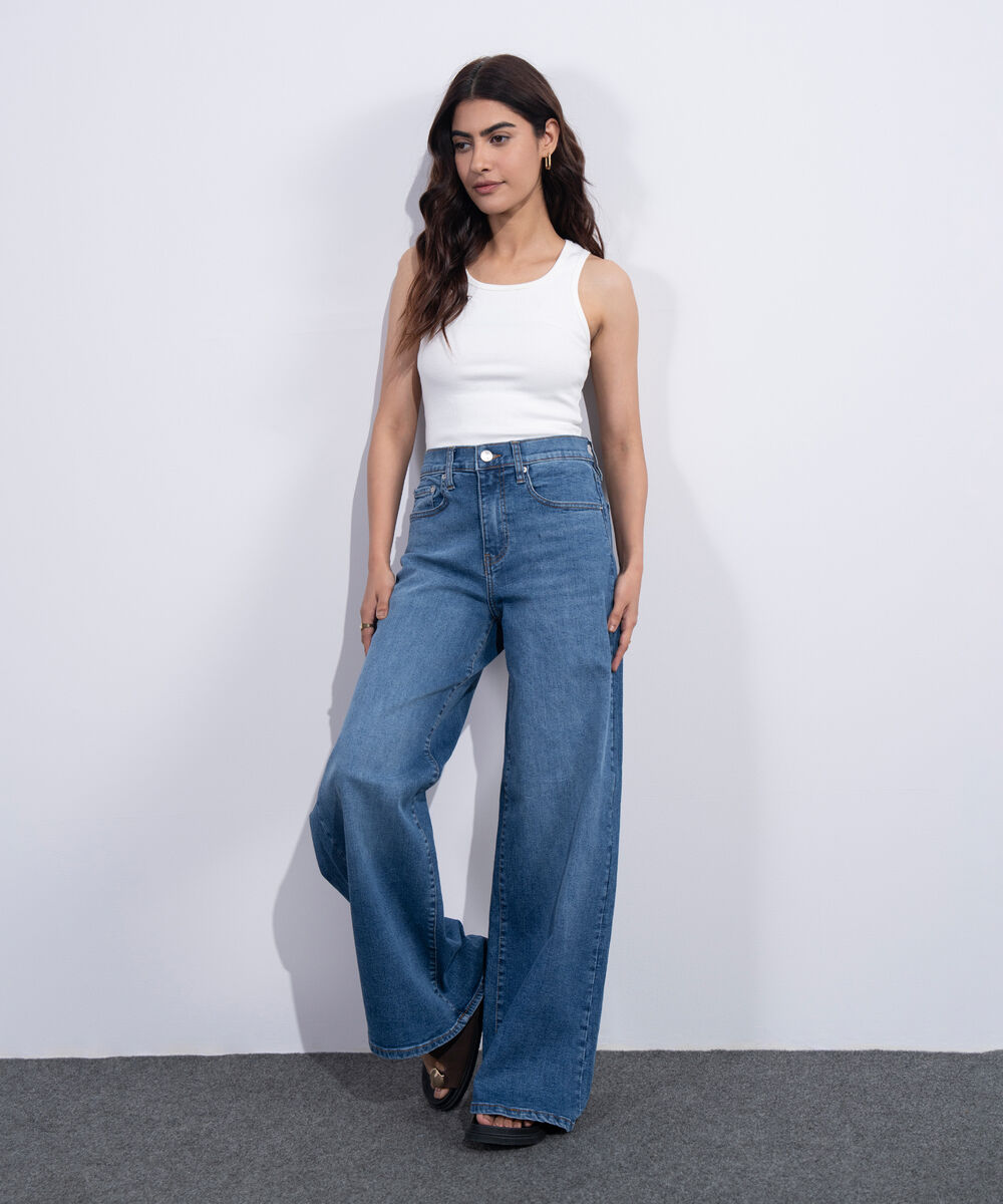 Women's Western Mid Blue Wash High Rise Wide Leg Jeans