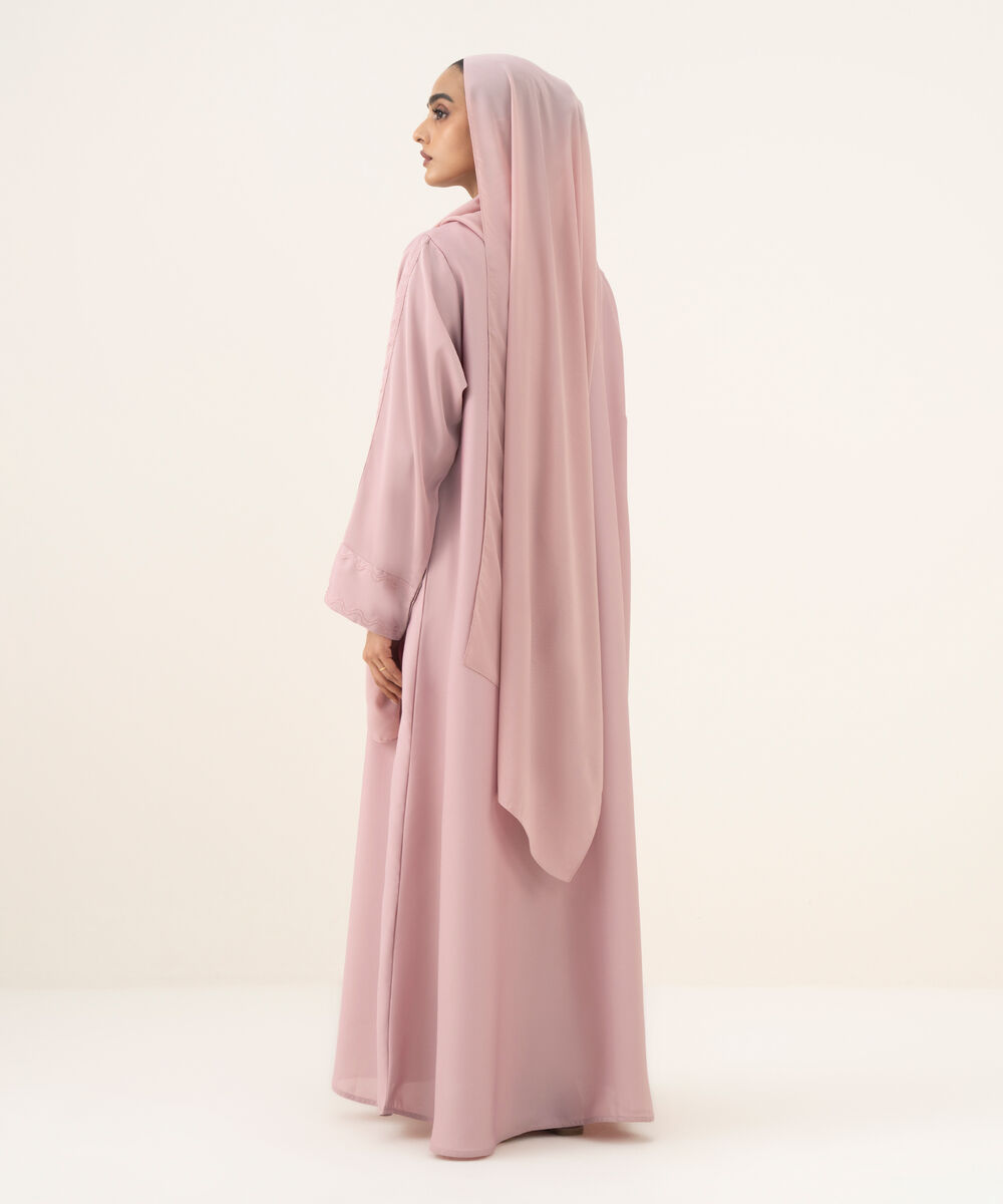 Women's pink button through Abaya with embroidery