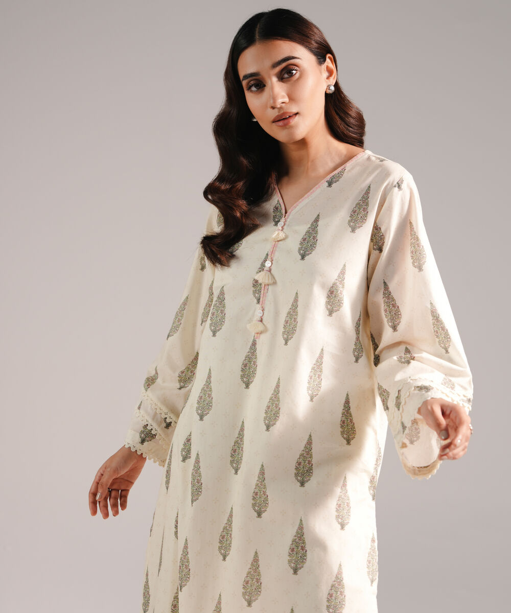 Women's RTW Lawn Printed Off White Straight Shirt