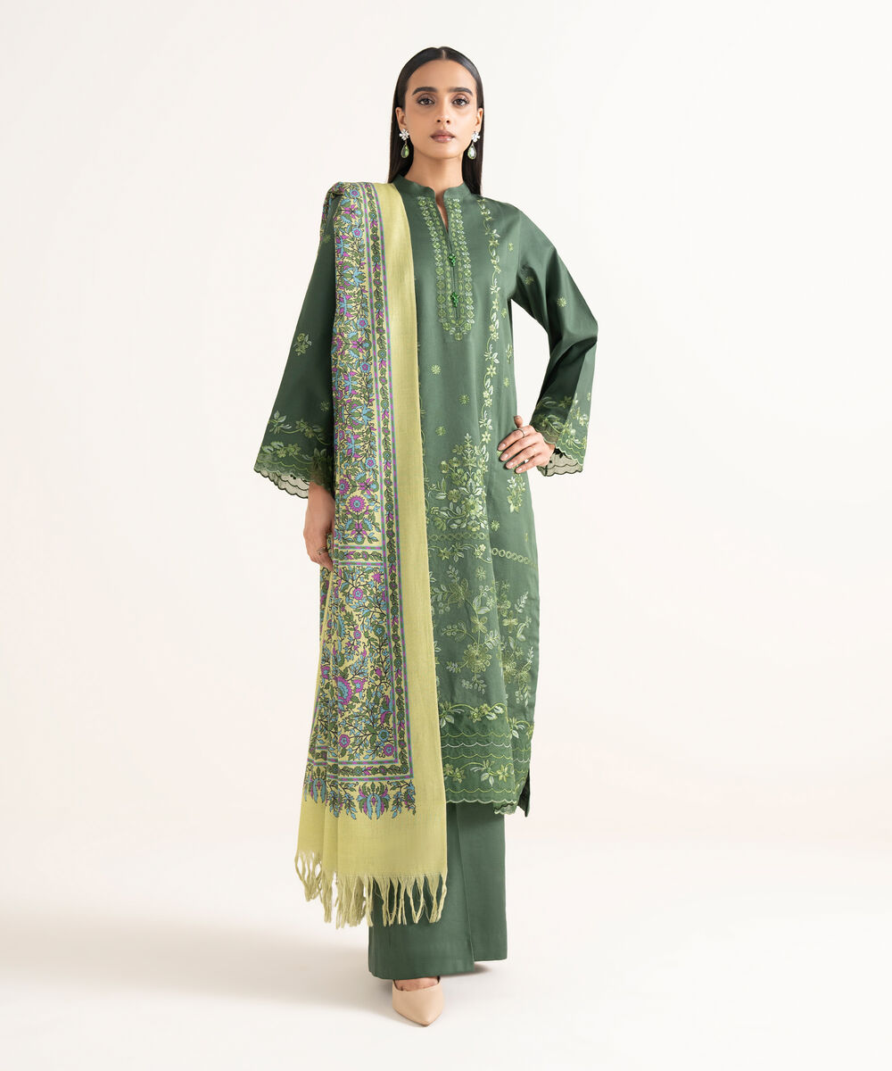 Women's Unstitched Twill Embroidered Green 3 Piece Suit
