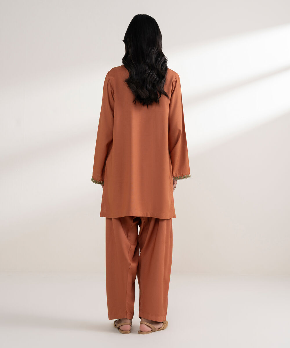 Women's RTW Arabic Khaddar Embroidered Rust Straight Shirt