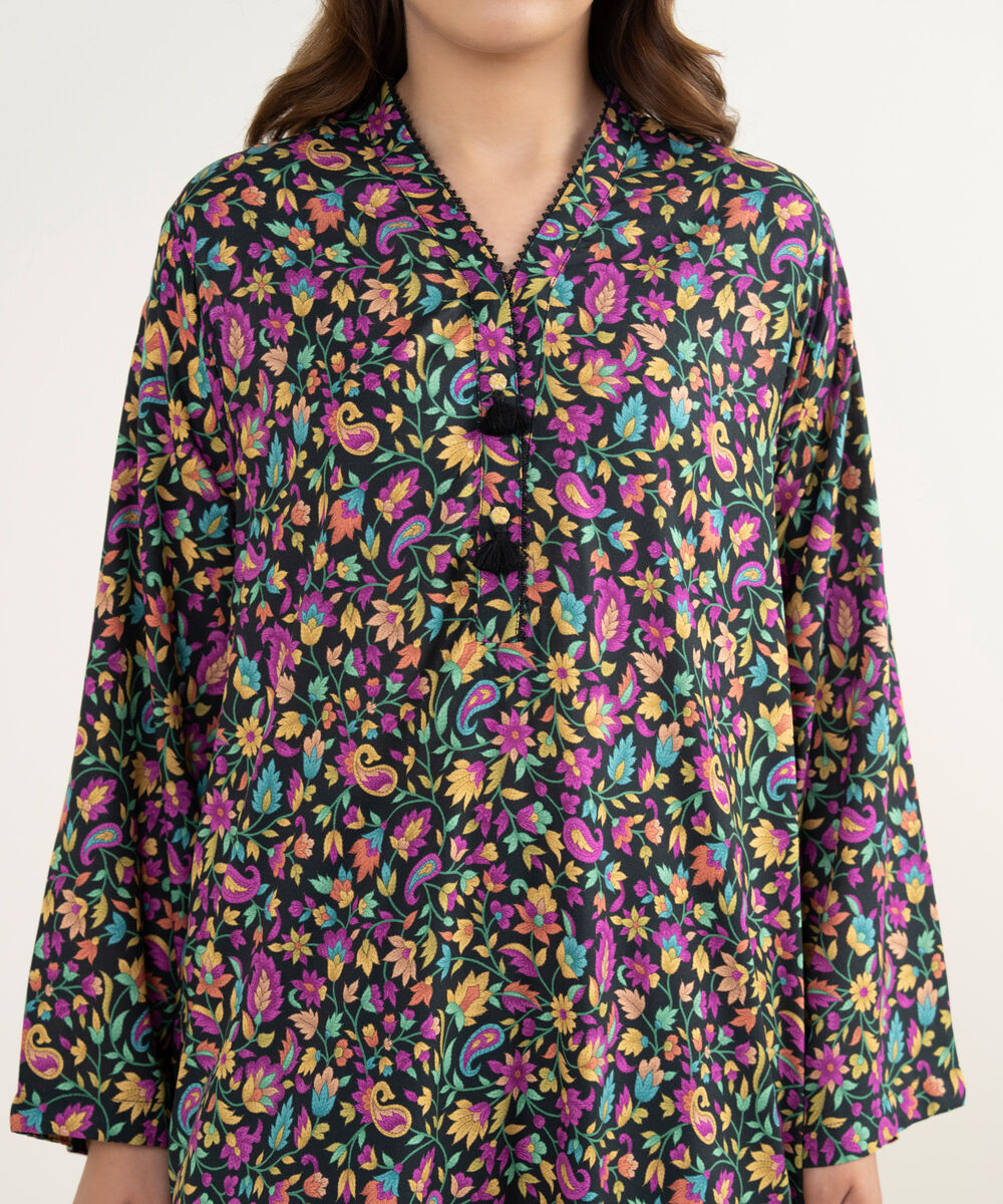 Women's RTW Arabic Cambric Embroidered Black Straight Shirt