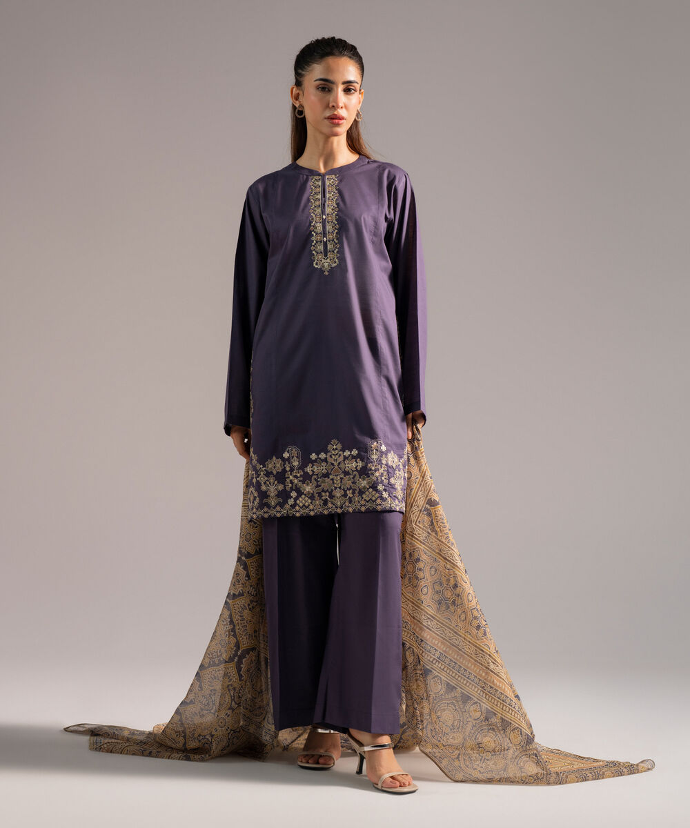 Women's RTW Slub Lawn Embroidered Dark Grey 3 Piece Suit