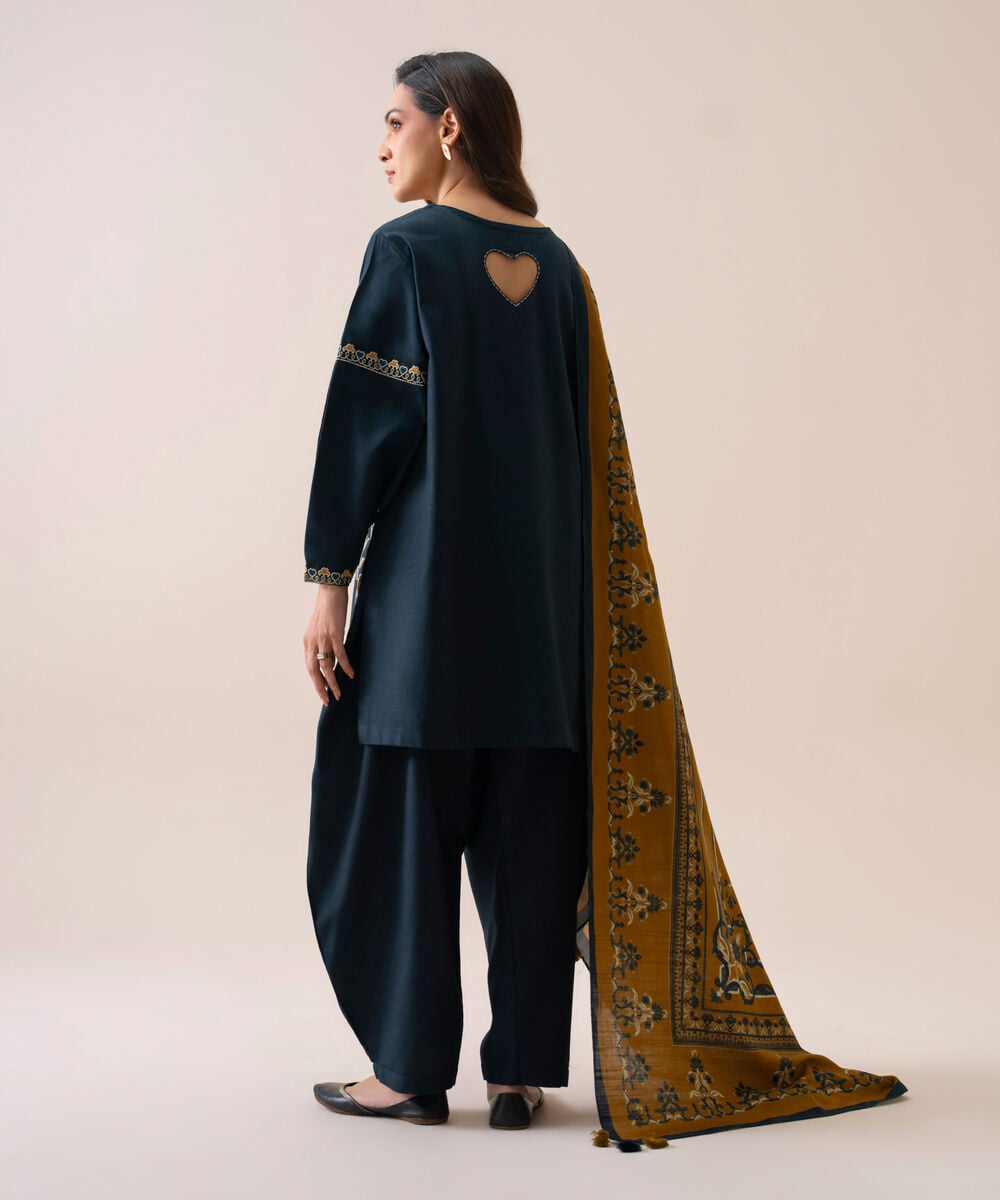 Women's Unstitched Light Khaddar Embroidered Blue 3 Piece Suit