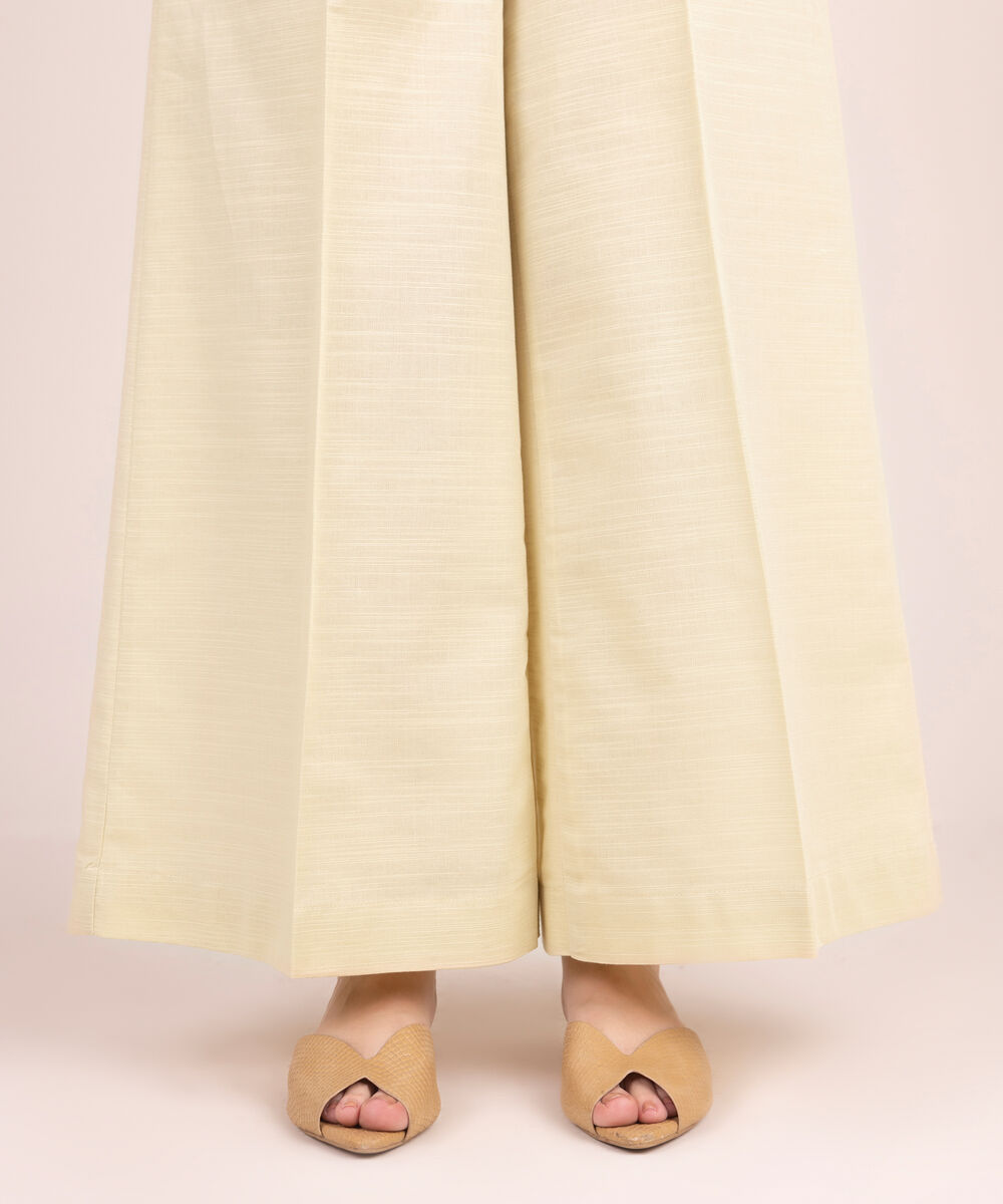 Women's RTW Cotton Solid Off White Flared Pants