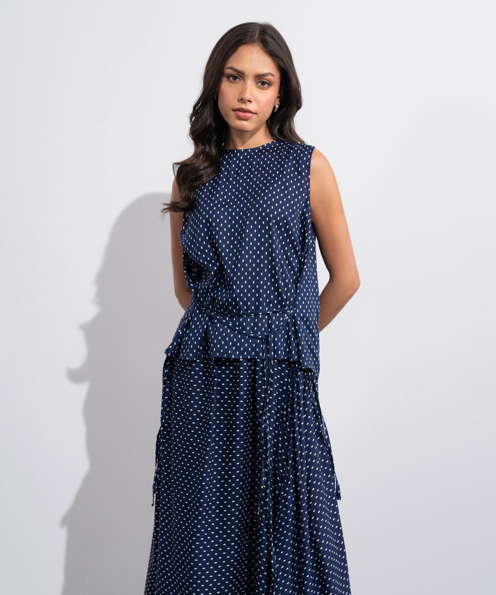 Women's Western Blue And  White Polka Dots Sleeveless Top