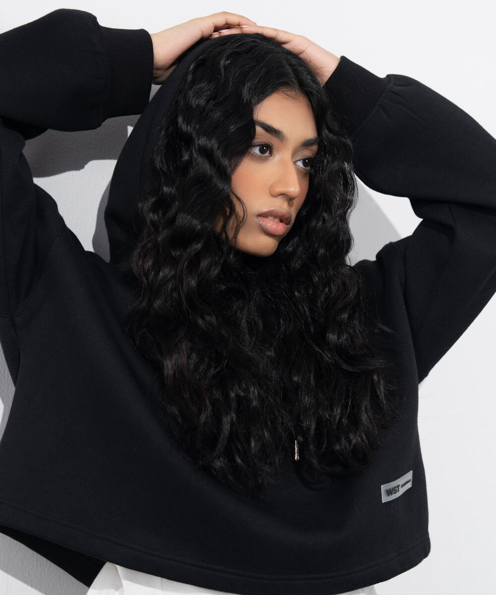 Women's Western Wear Black Cropped Fleece Hoodie