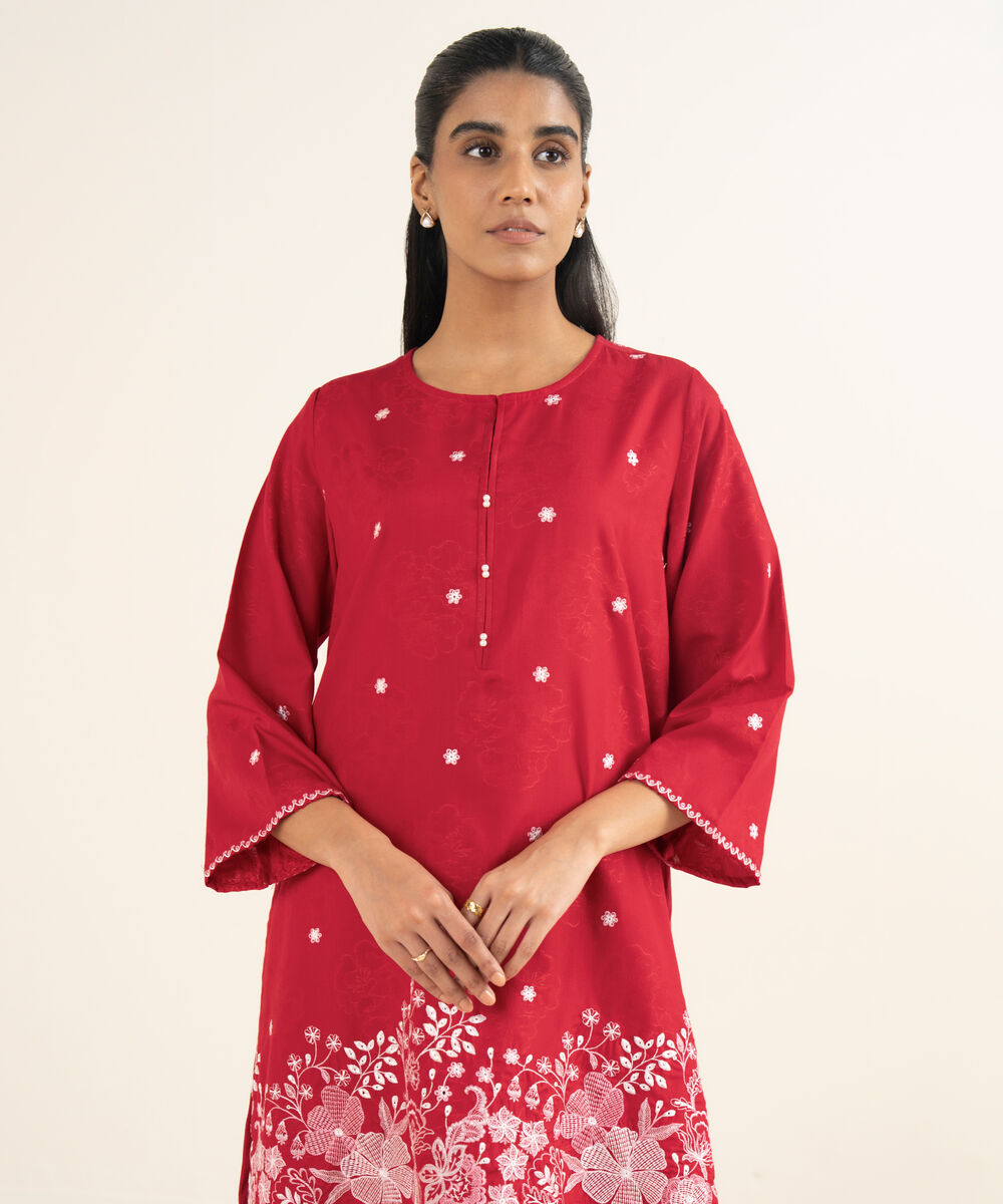 Women's RTW Jacquard Embroidered Red Straight Shirt