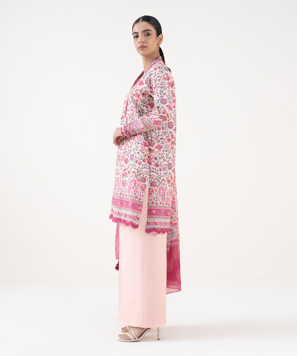 Women's Unstitched Cotton Printed Pink 3 Piece Suit