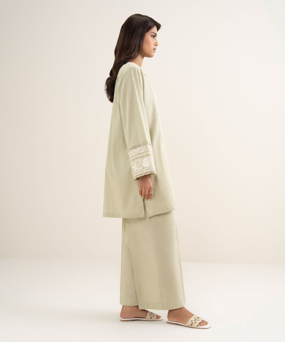 Women's RTW Self Jacquard Embroidered Green Straight Shirt