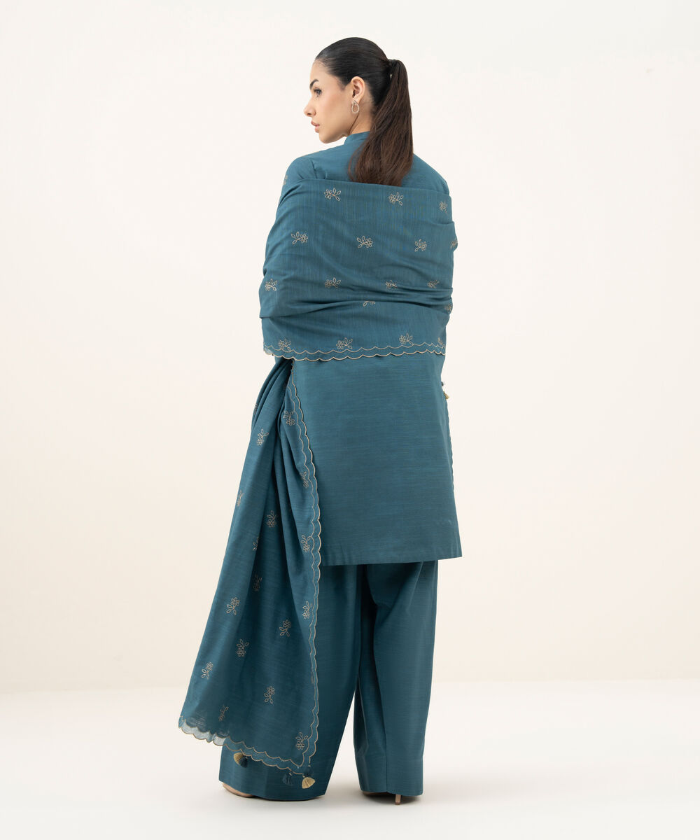 Women's Unstitched Embroidered Khaddar Teal Green 3 Piece Suit