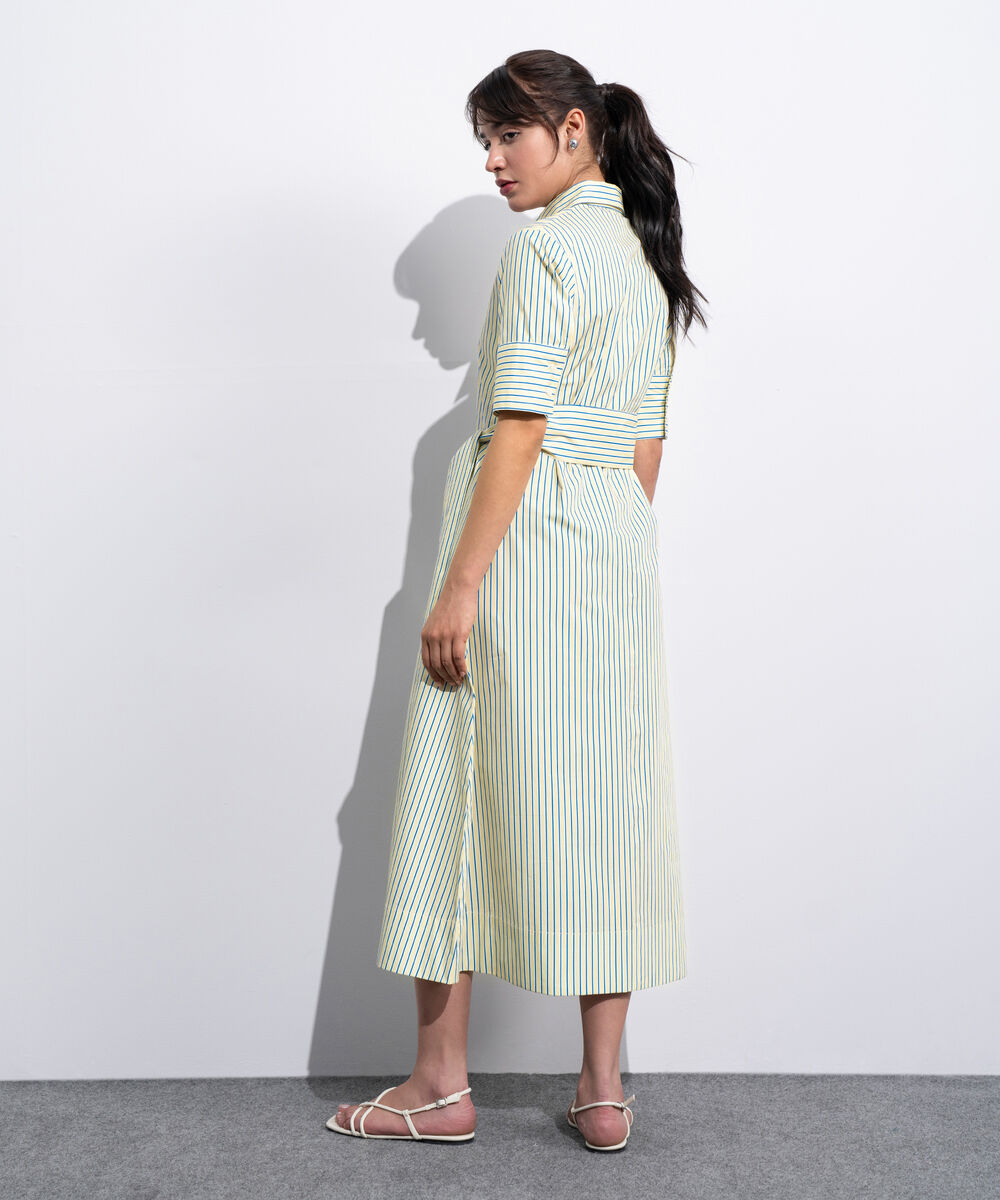 Women's Western Yellow And Blue Poplin Dress With Belt