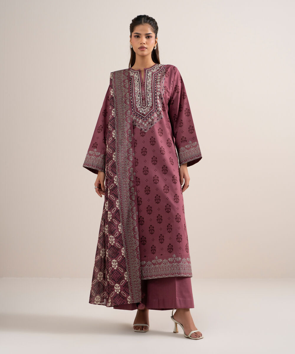 Women's Unstitched Lawn Embroidered Maroon 3 Piece Suit