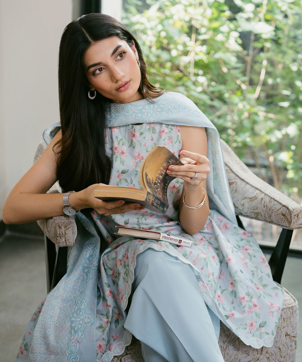 Women's Unstitched Zari Lawn Printed Blue