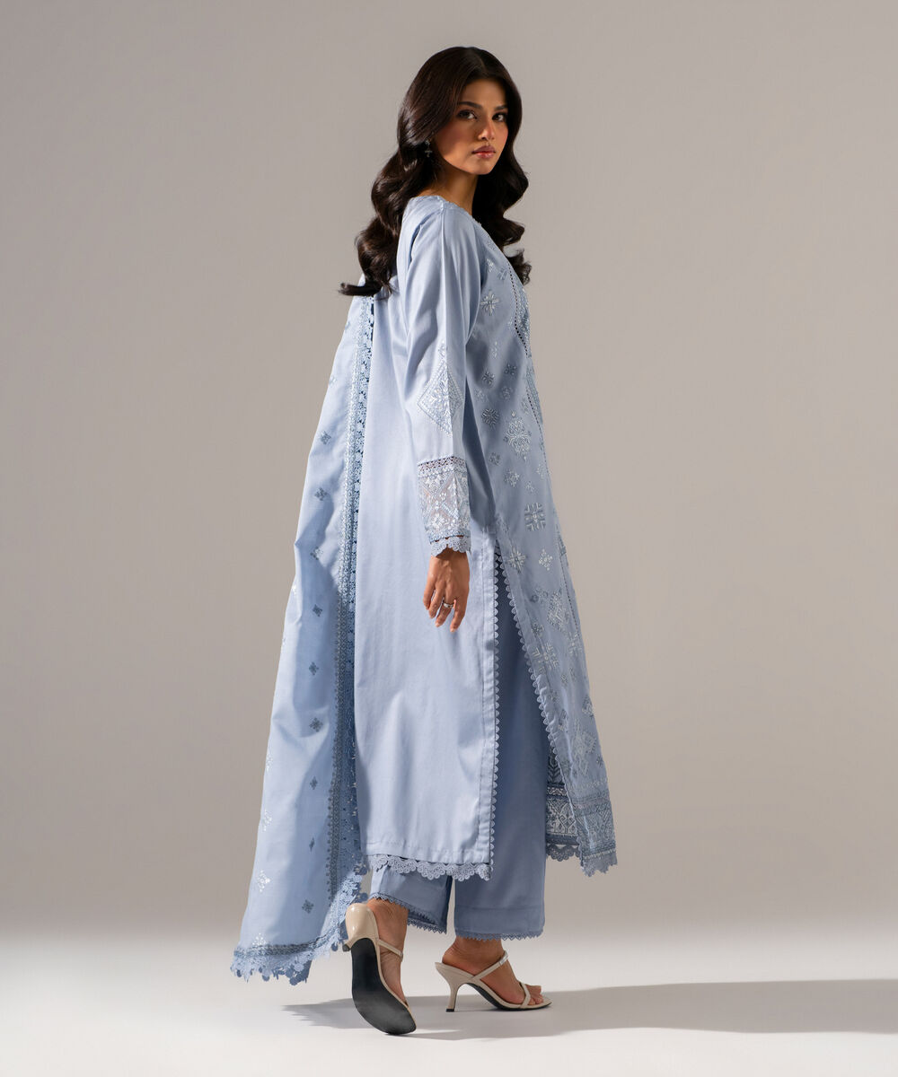 Women's RTW Cotton Satin Solid Embroidered Grey 3 Piece Suit