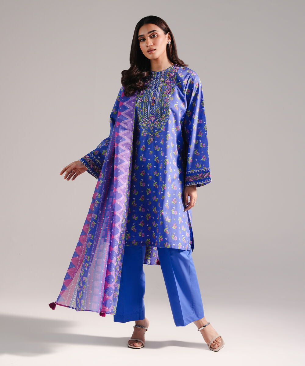 Women's RTW Lawn Printed Blue 3 Piece Suit