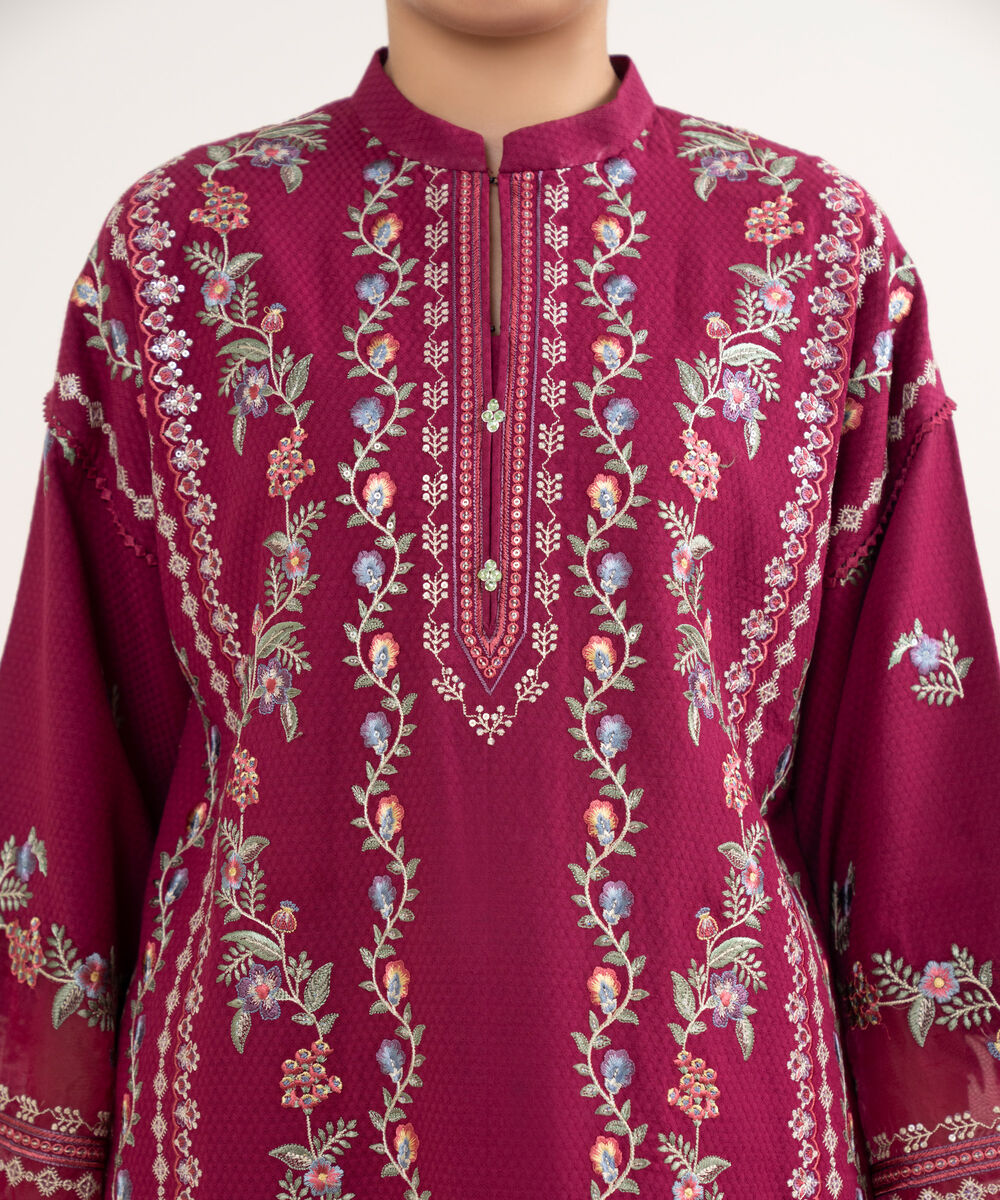 Women's Unstitched Dobby Embroidered Pink 3 Piece Suit