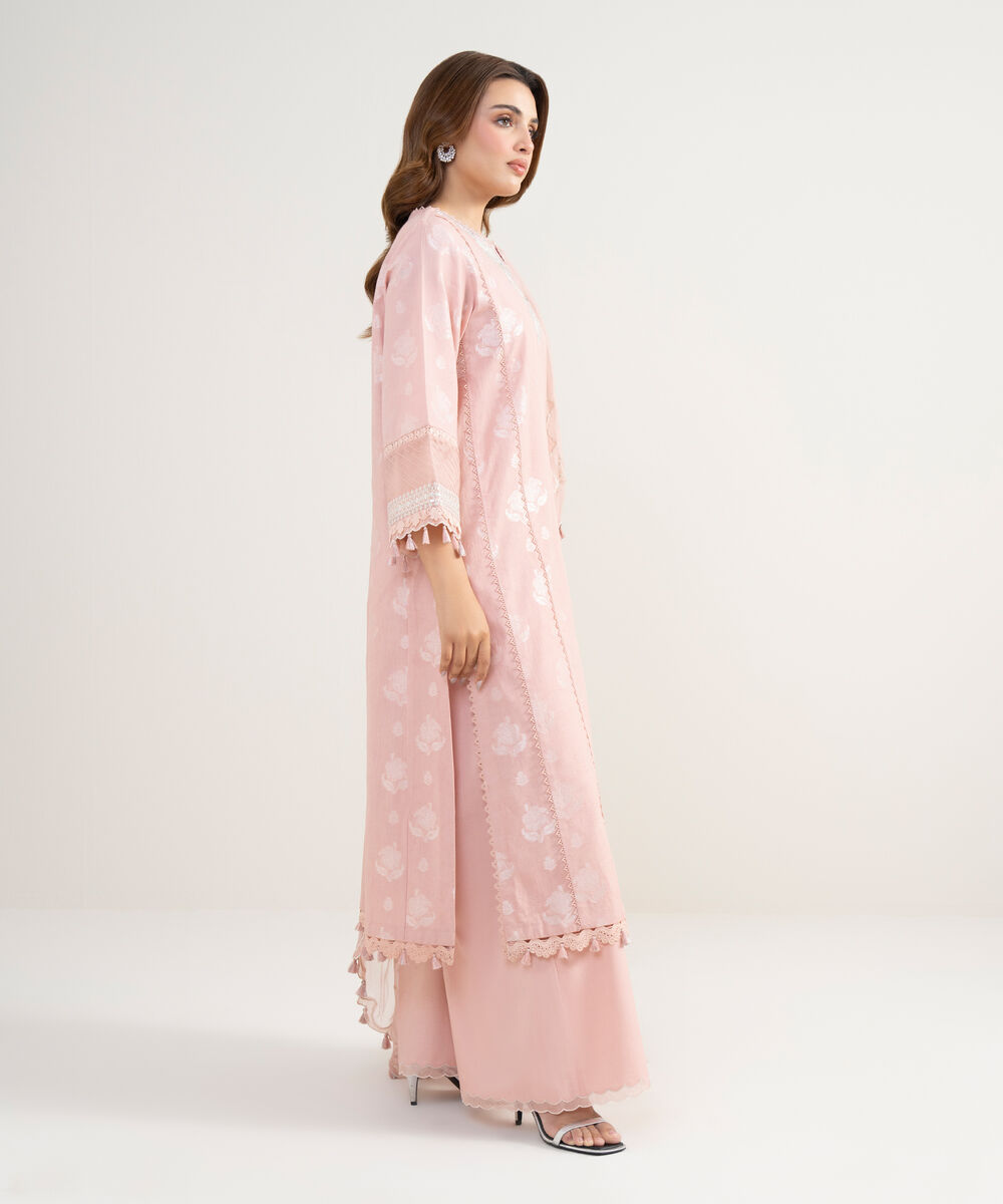 Women's Unstitched Extra Weft Jacquard Embroidered Pink 3 Piece Suit