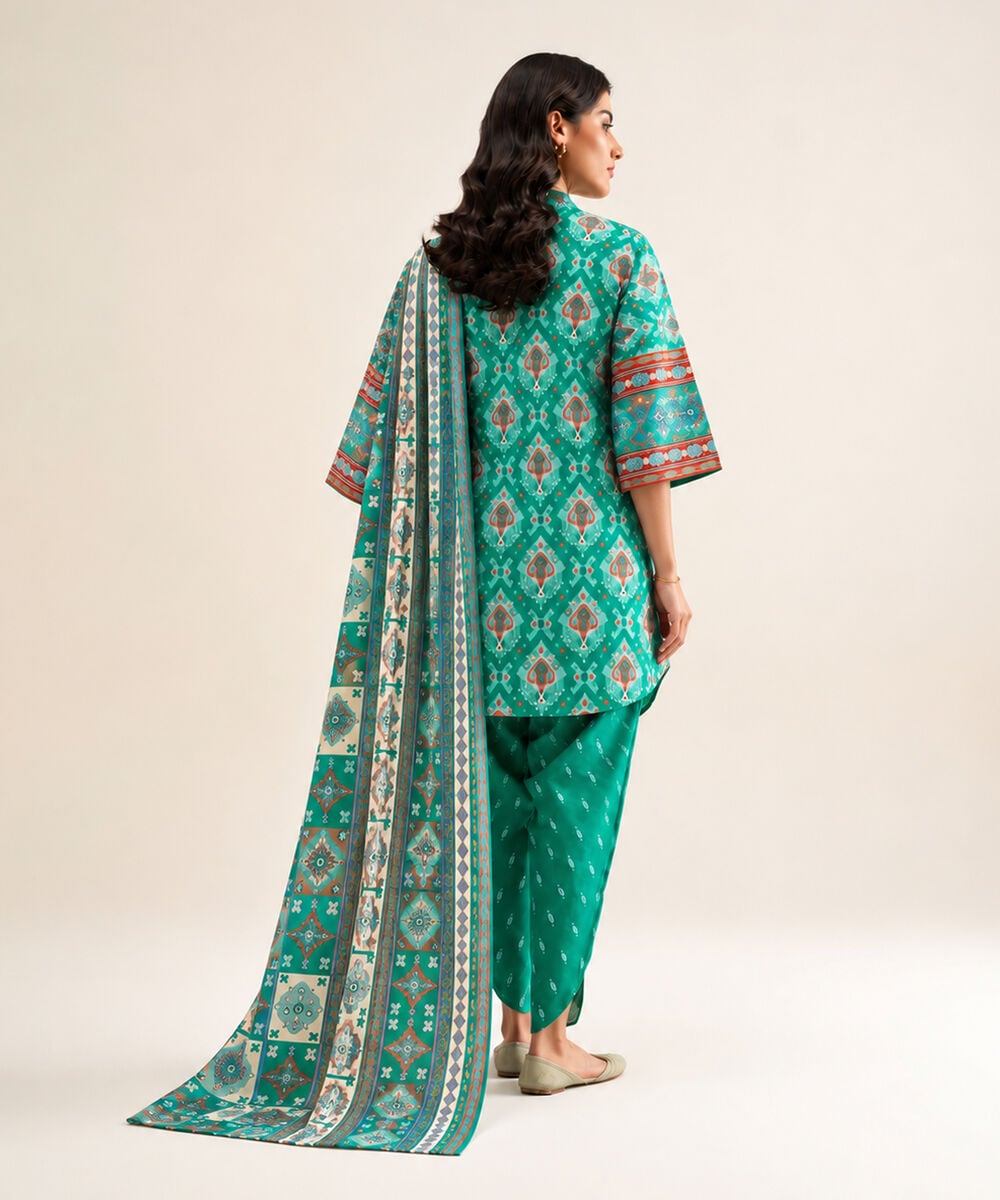 Women's Unstitched Cotton Printed Blue 3 Piece Suit