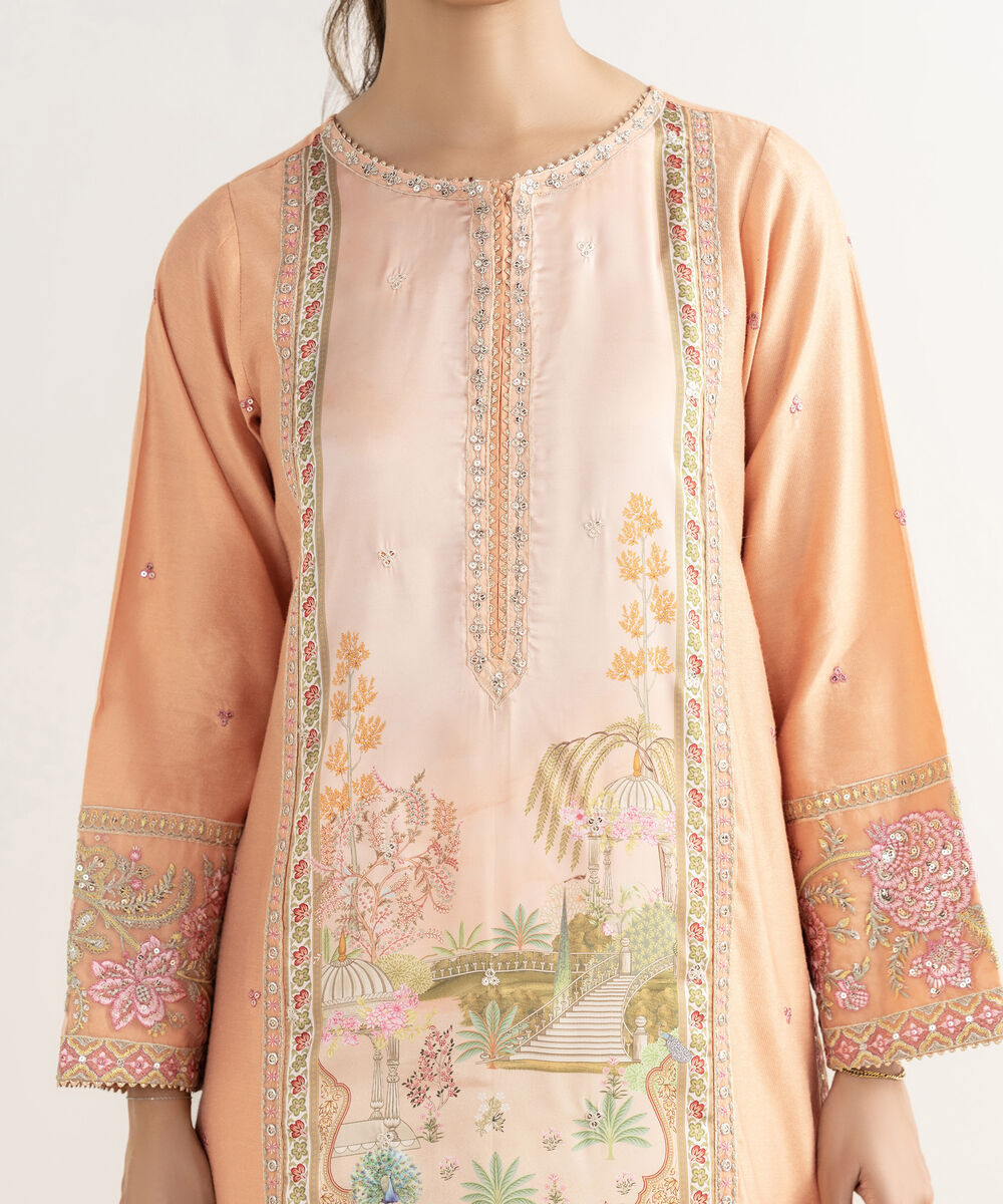 Women's RTW Silk Cotton Net Embroidered A-Line Orange Shirt