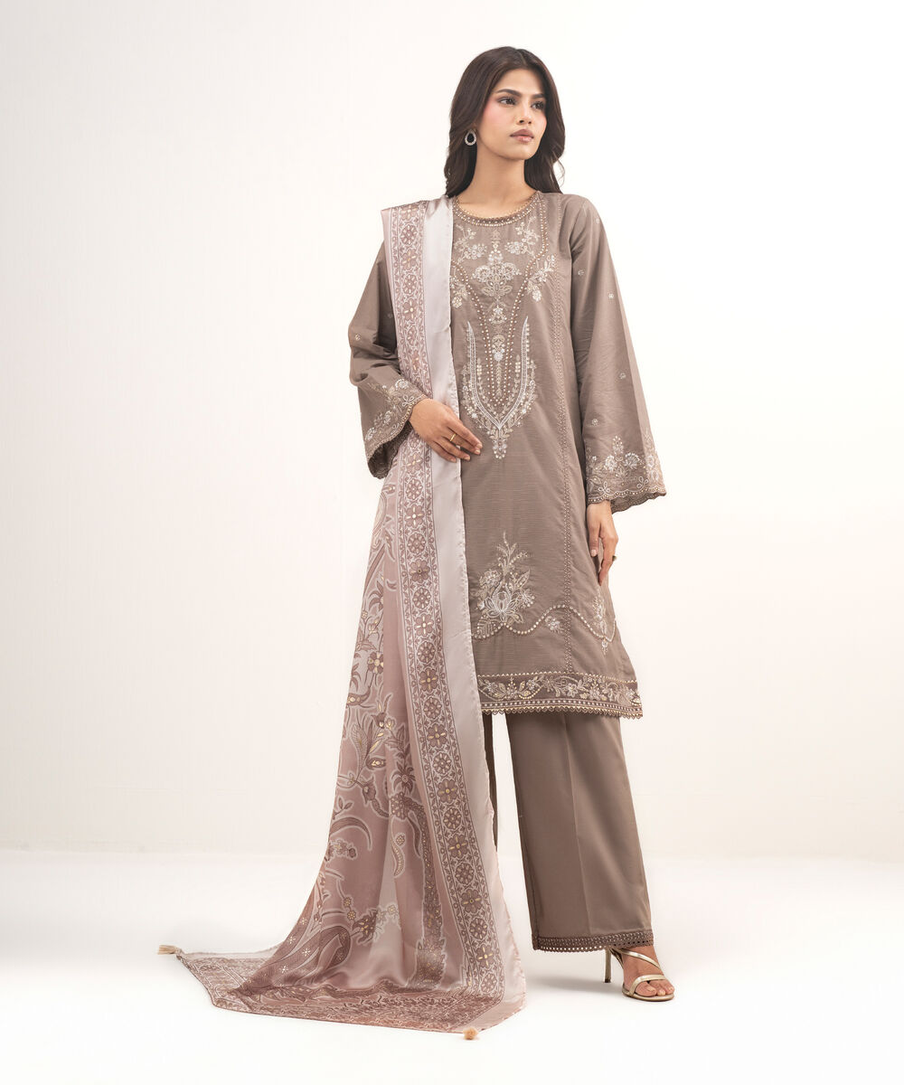 Women's RTW Zari Lawn Embroidered Brown 2 Piece Suit