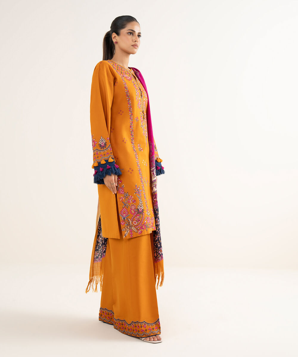 Women's Unstitched Twill Embroidered Orange 3 Piece Suit