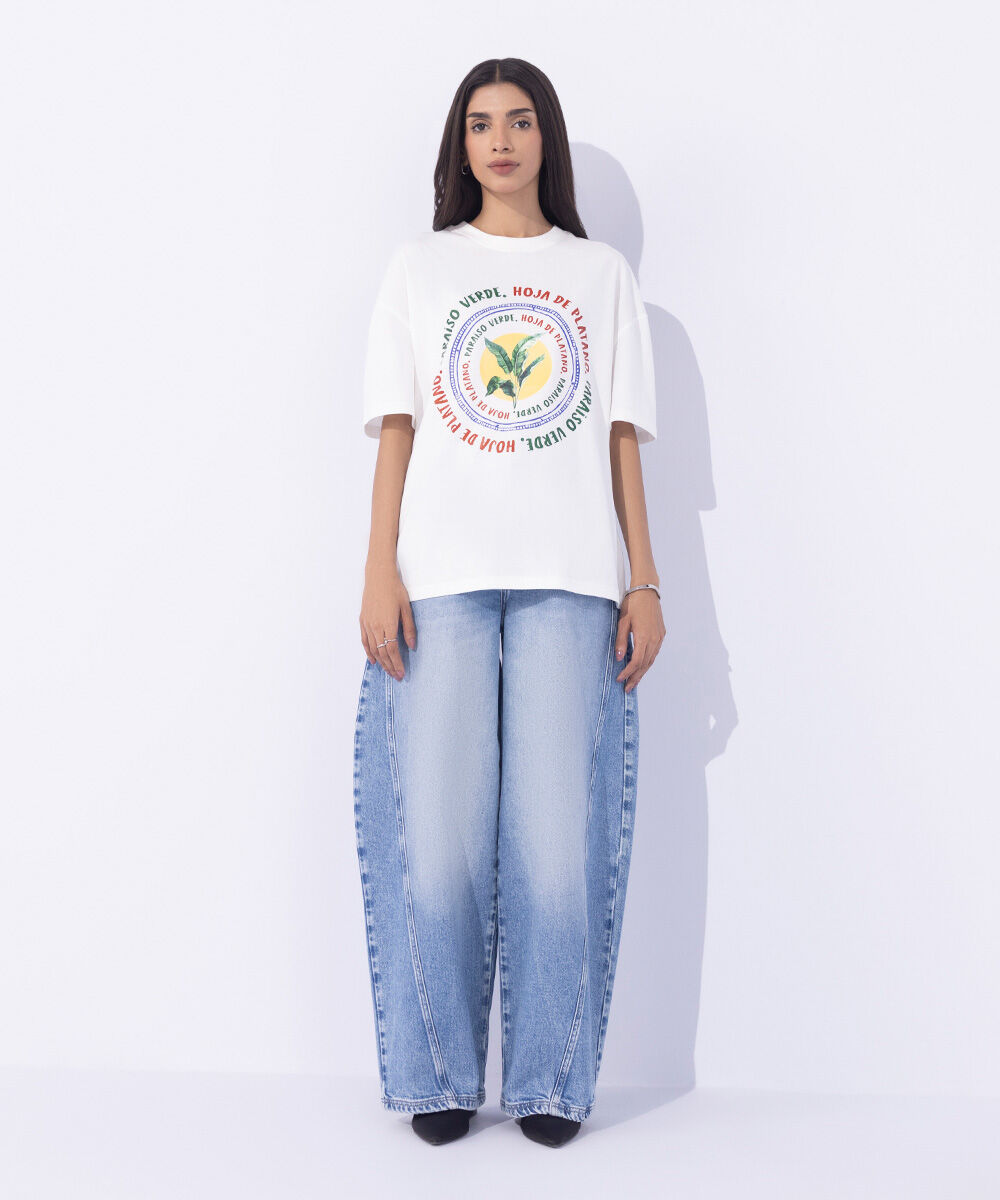 Women's Western Wear White Loose Fit Graphic T-Shirt