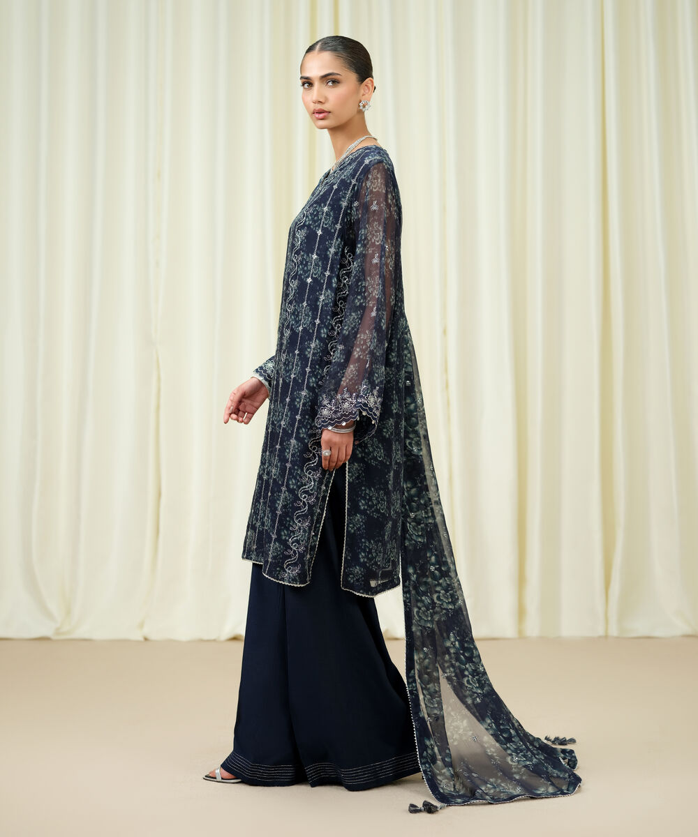 Women's Unstitched Blended Chiffon Embroidered Blue 3 Piece Suit