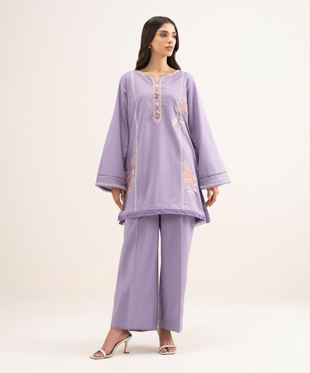 Women's RTW Self Jacquard Embroidered Purple Straight Shirt