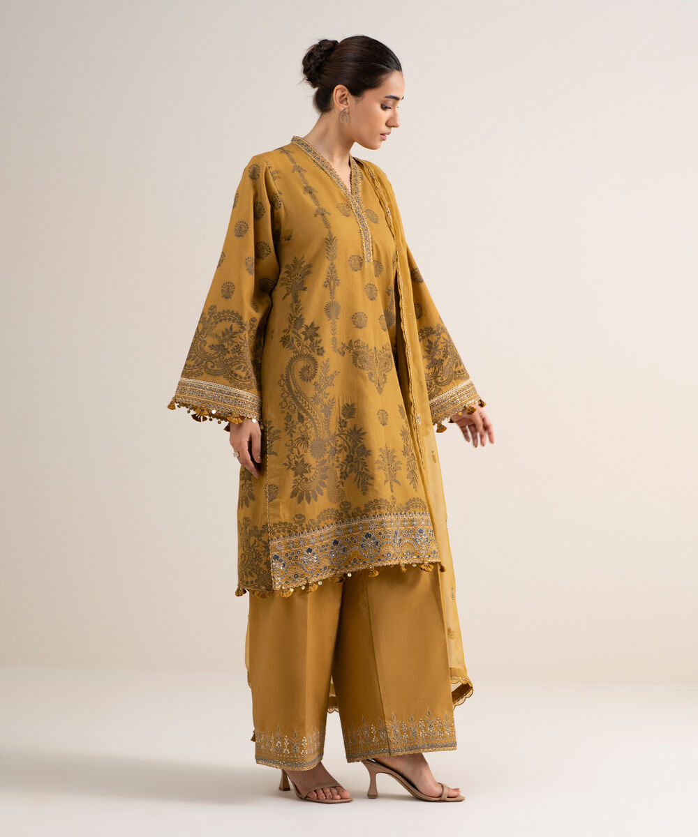 Women's Unstitched Extra Weft Jacquard Embroidered Brown