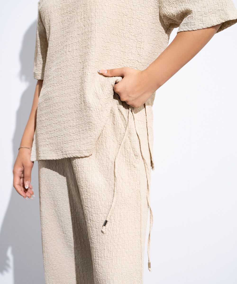 Women's Beige Pull-On  Textured Trousers With Tie Detail
