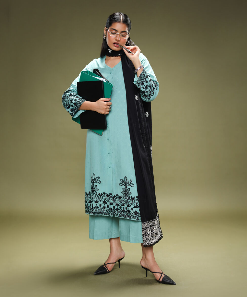 Women's RTW Cotton Jacquard Embroidered Blue A-Line Shirt