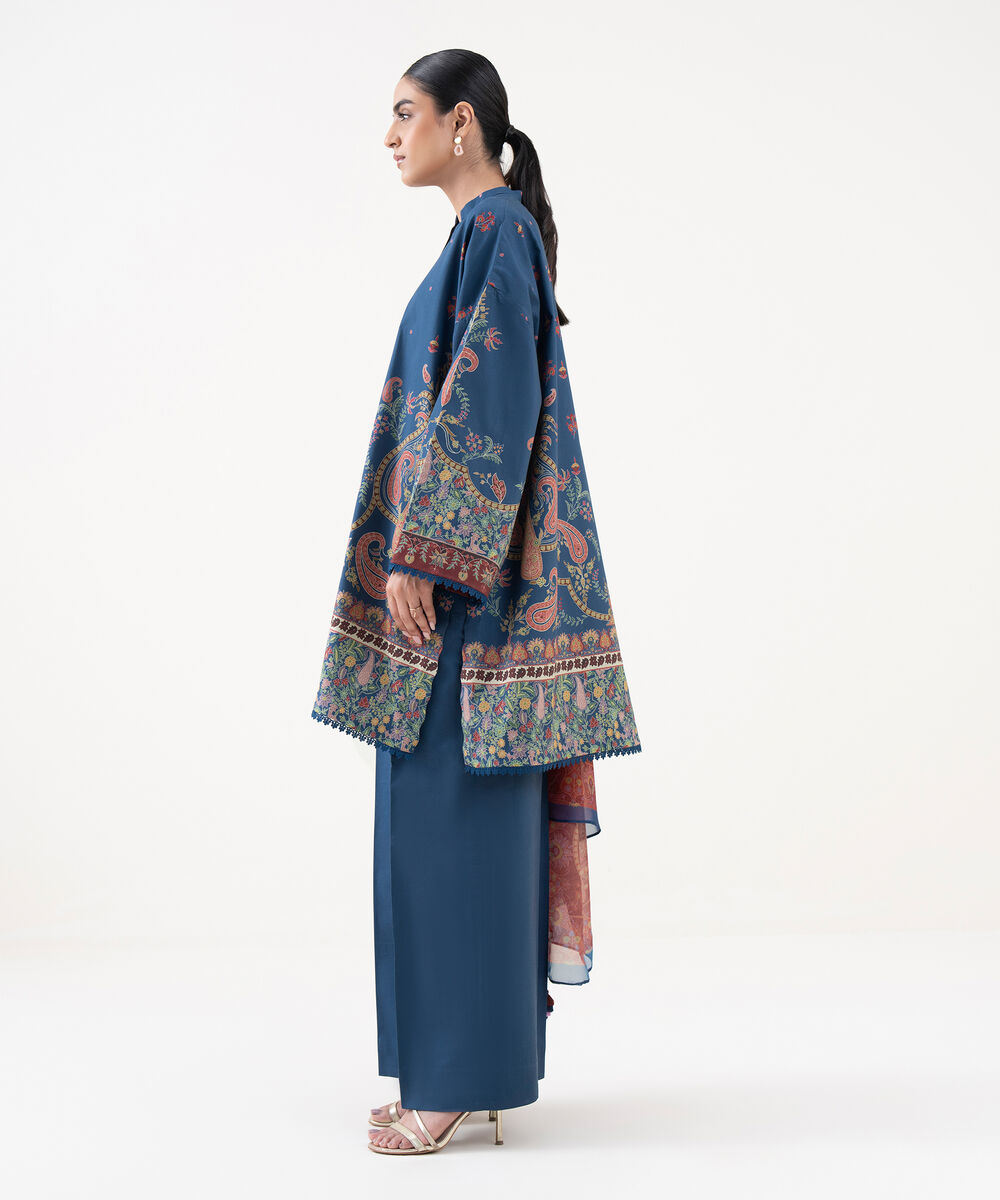 Women's Unstitched Cotton Printed Blue 3 Piece Suit