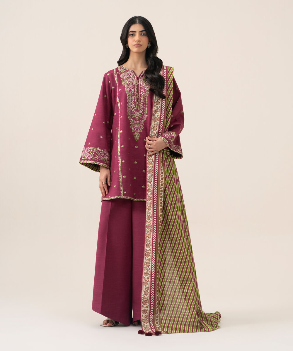 Women's Unstitched Basic Khaddar Embroidered Pink 3 Piece Suit