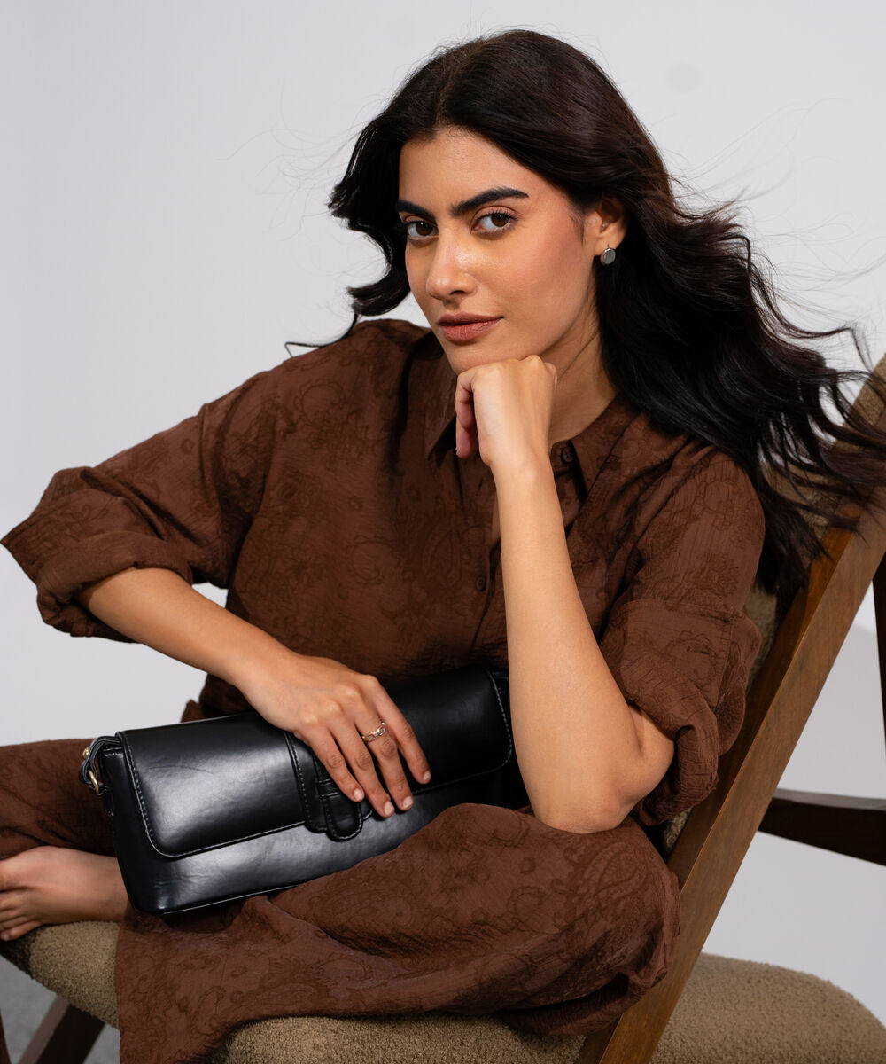 Women's Brown Textured Button Through Shirt